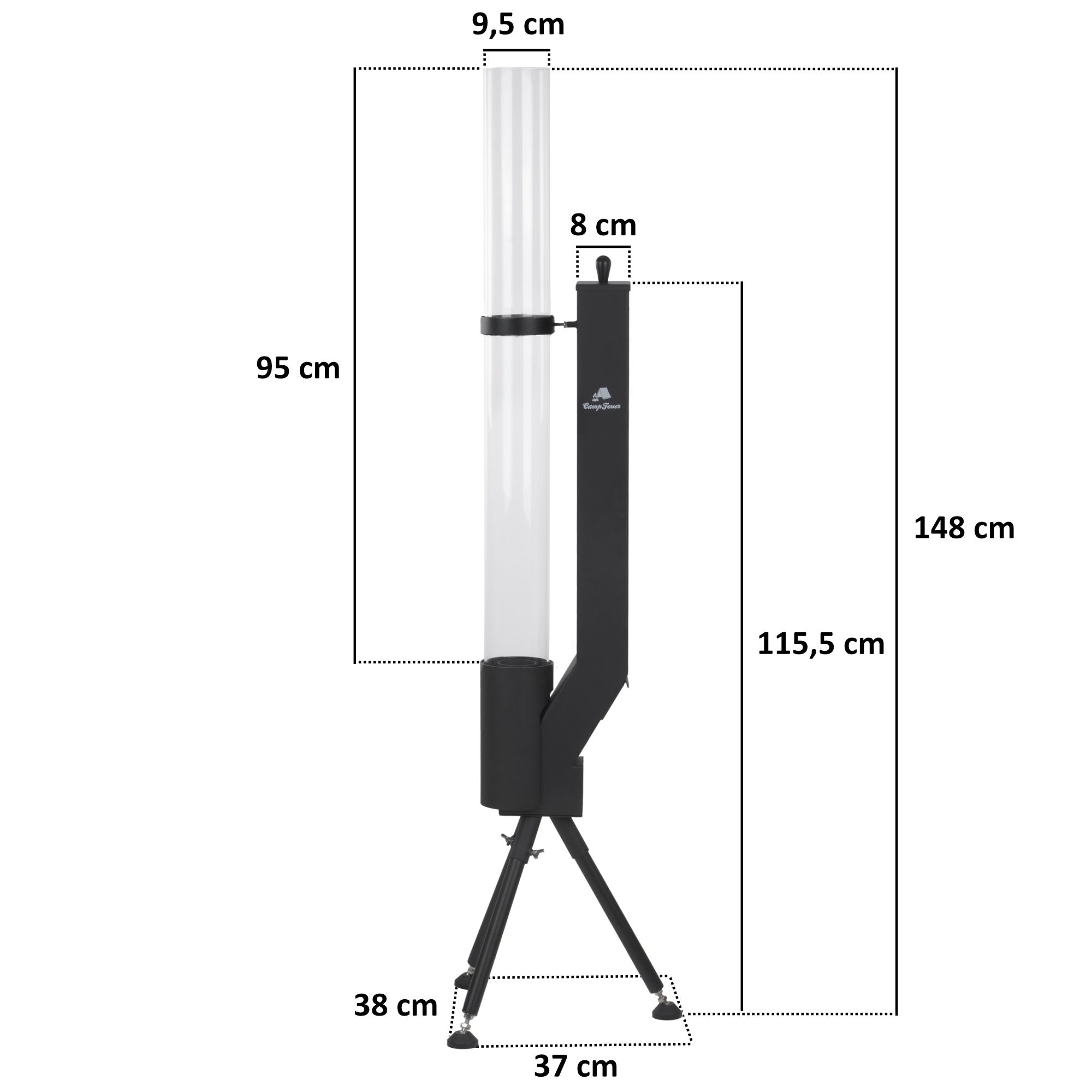 Pellet torch, steel, 38 x 37 x 148 cm, including glass tube
