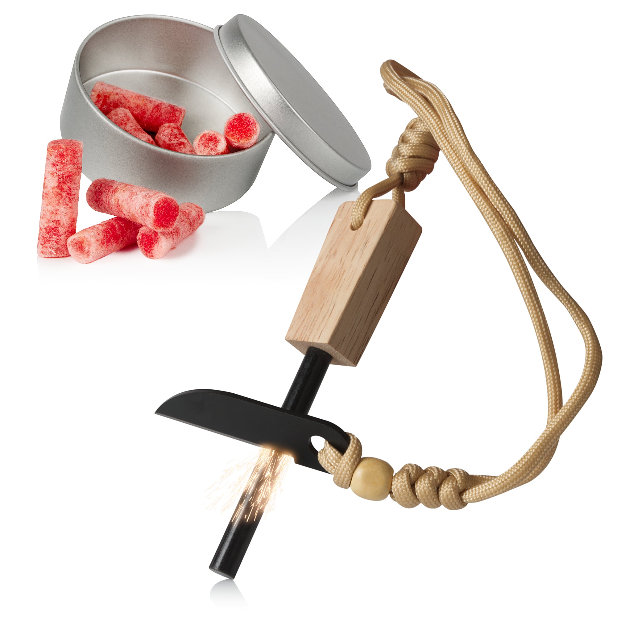 Firesteel set, including firesteel, blade-shaped scraper and grill lighter in a stainless steel tin