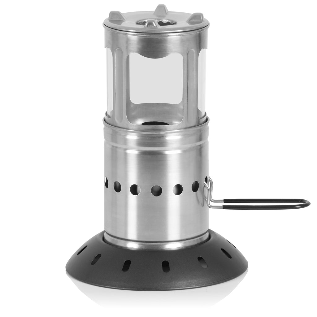 Réchaud de camping « Flammen Zwerg » (Nain de Flamme), en acier inoxydable, pour granulés, sac inclus.