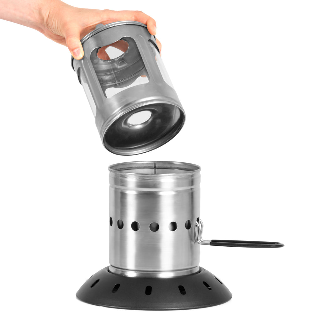 Réchaud de camping « Flammen Zwerg » (Nain de Flamme), en acier inoxydable, pour granulés, sac inclus.
