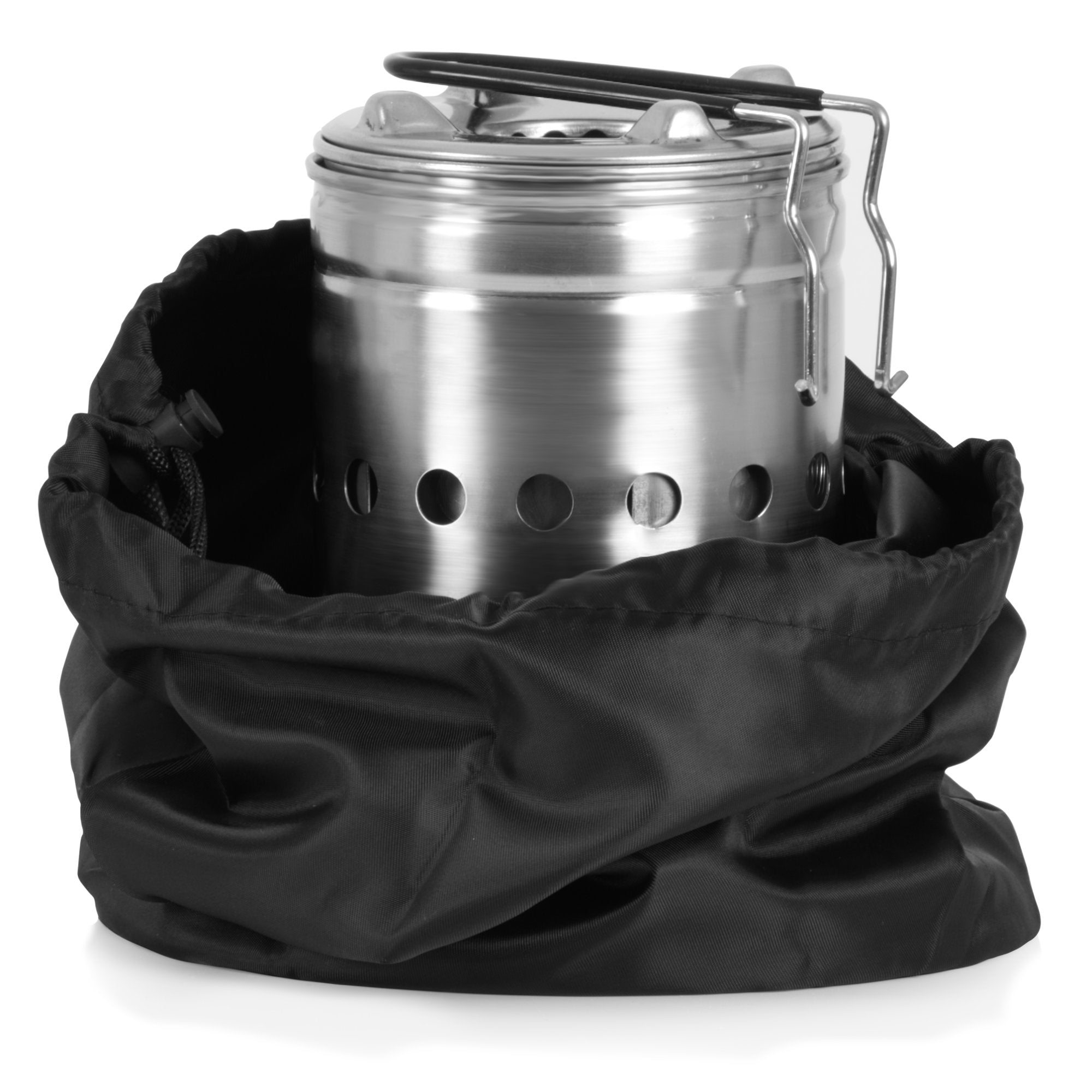 Réchaud de camping « Flammen Zwerg » (Nain de Flamme), en acier inoxydable, pour granulés, sac inclus.