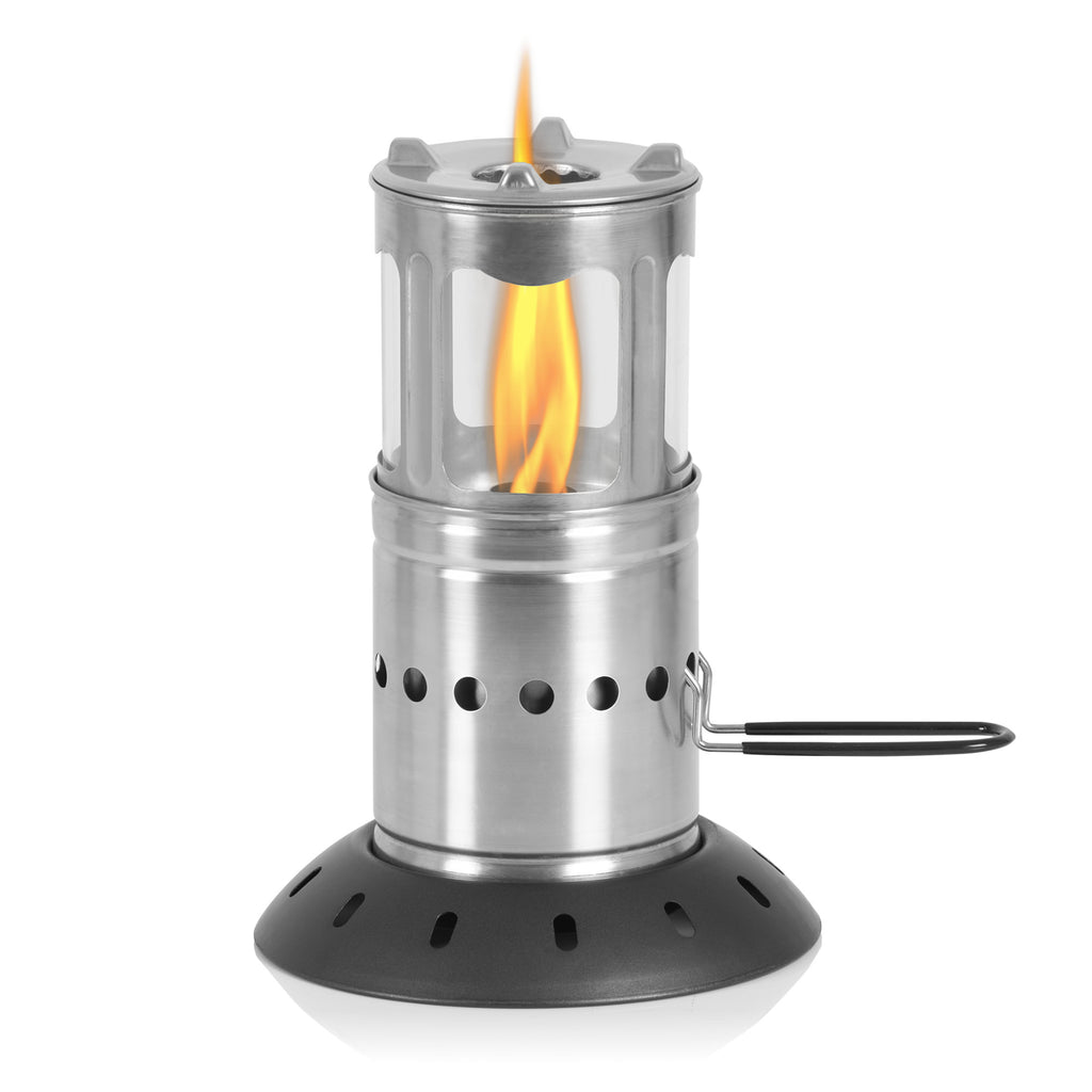 Réchaud de camping « Flammen Zwerg » (Nain de Flamme), en acier inoxydable, pour granulés, sac inclus.