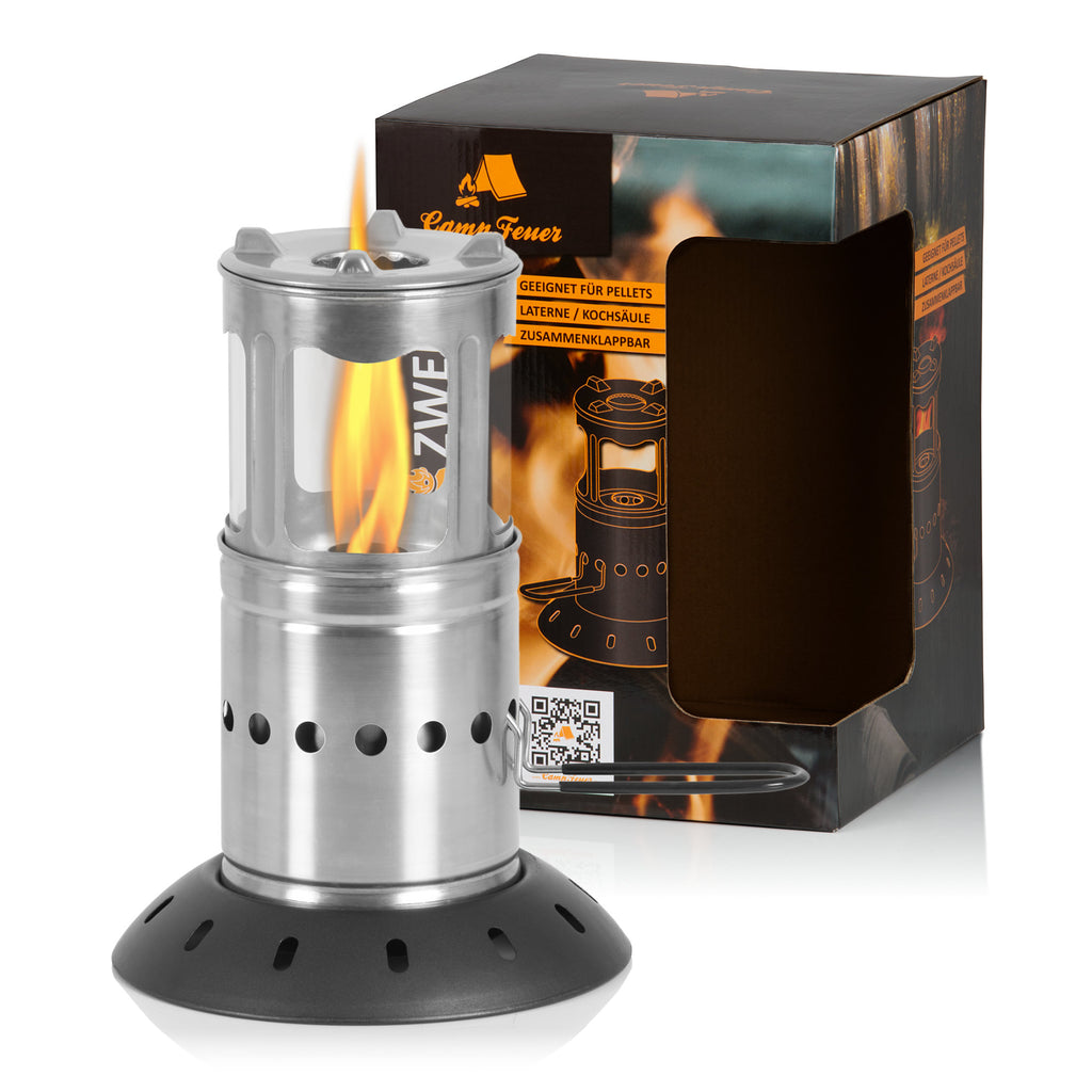 Réchaud de camping « Flammen Zwerg » (Nain de Flamme), en acier inoxydable, pour granulés, sac inclus.