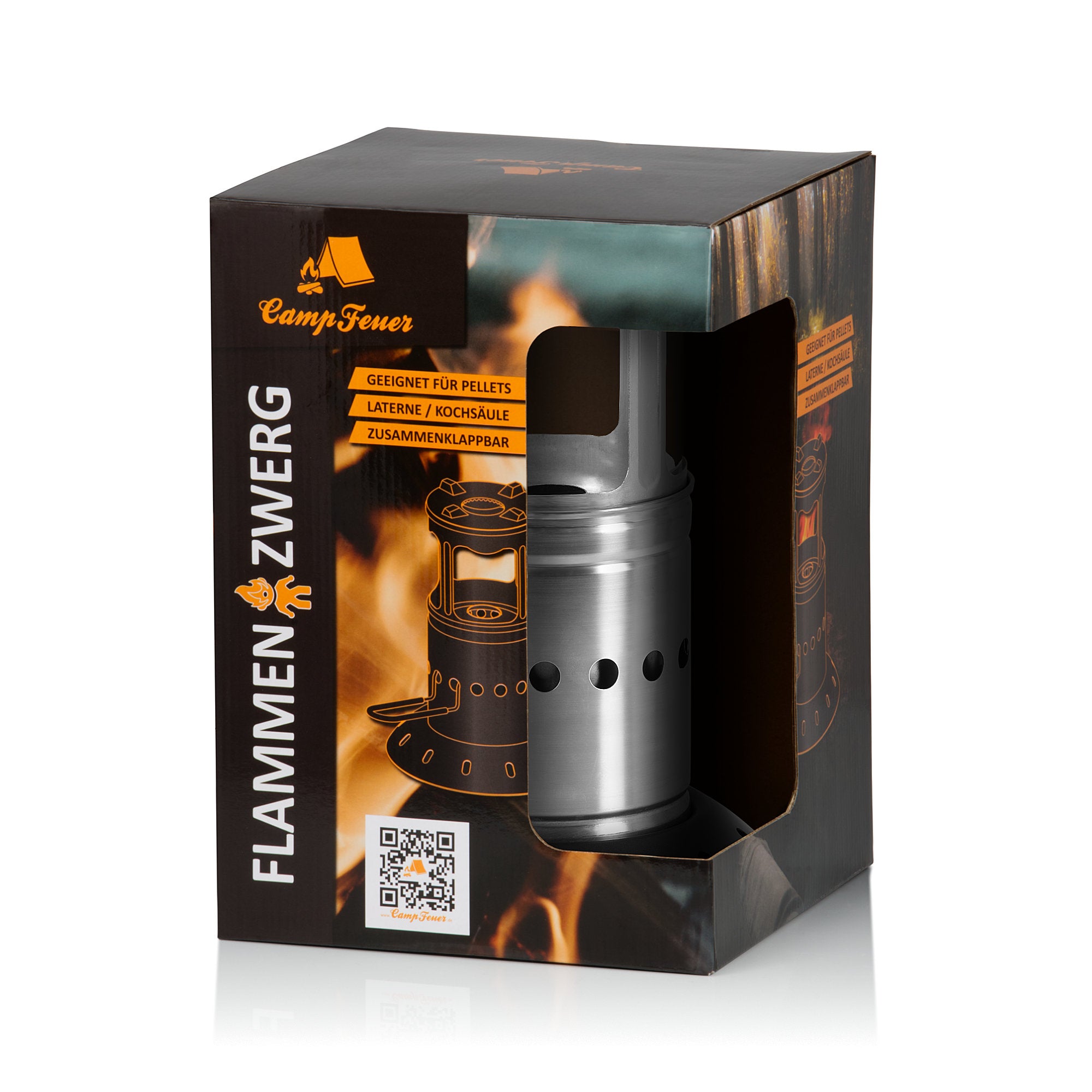 Réchaud de camping « Flammen Zwerg » (Nain de Flamme), en acier inoxydable, pour granulés, sac inclus.