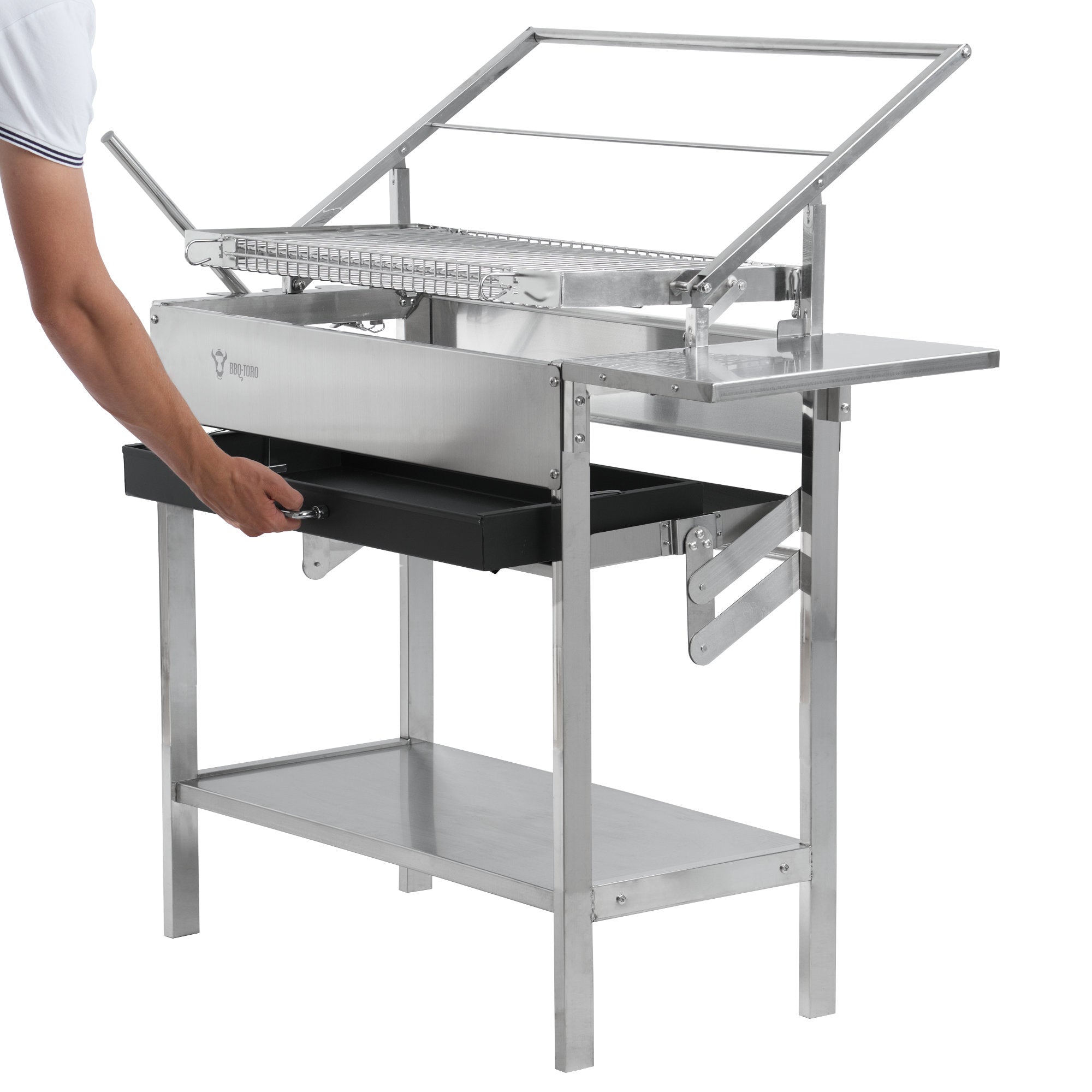 Flip Grill, Edelstahl, mit 360° drehbarem Grillrost und höhenverstellbarer Kohlewanne