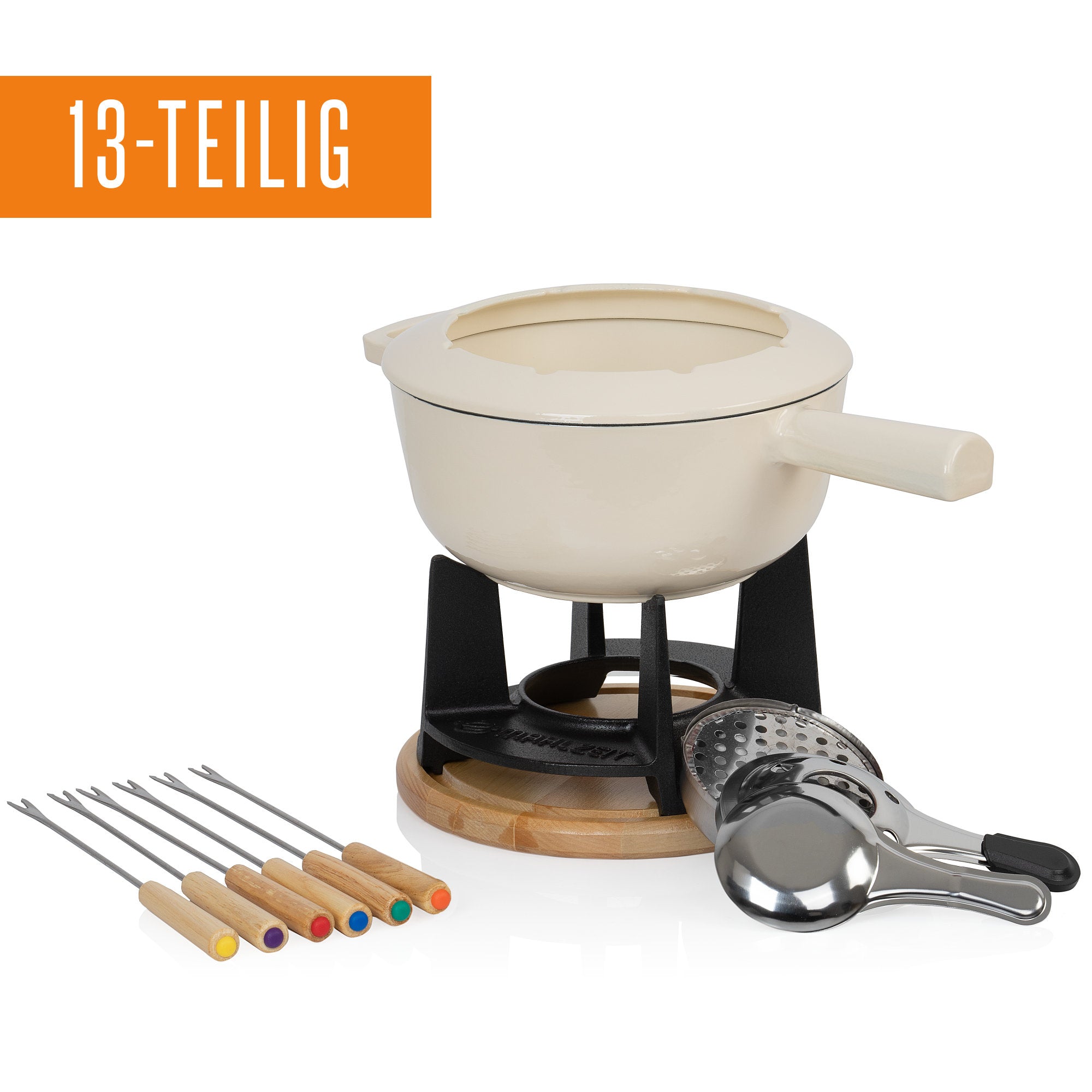 Fondue set, 13 pieces, 2 liters, cast iron, for 6 people