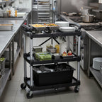Chariot de service pliable, jusqu'à 150 kg, avec roulettes et 3 étagères