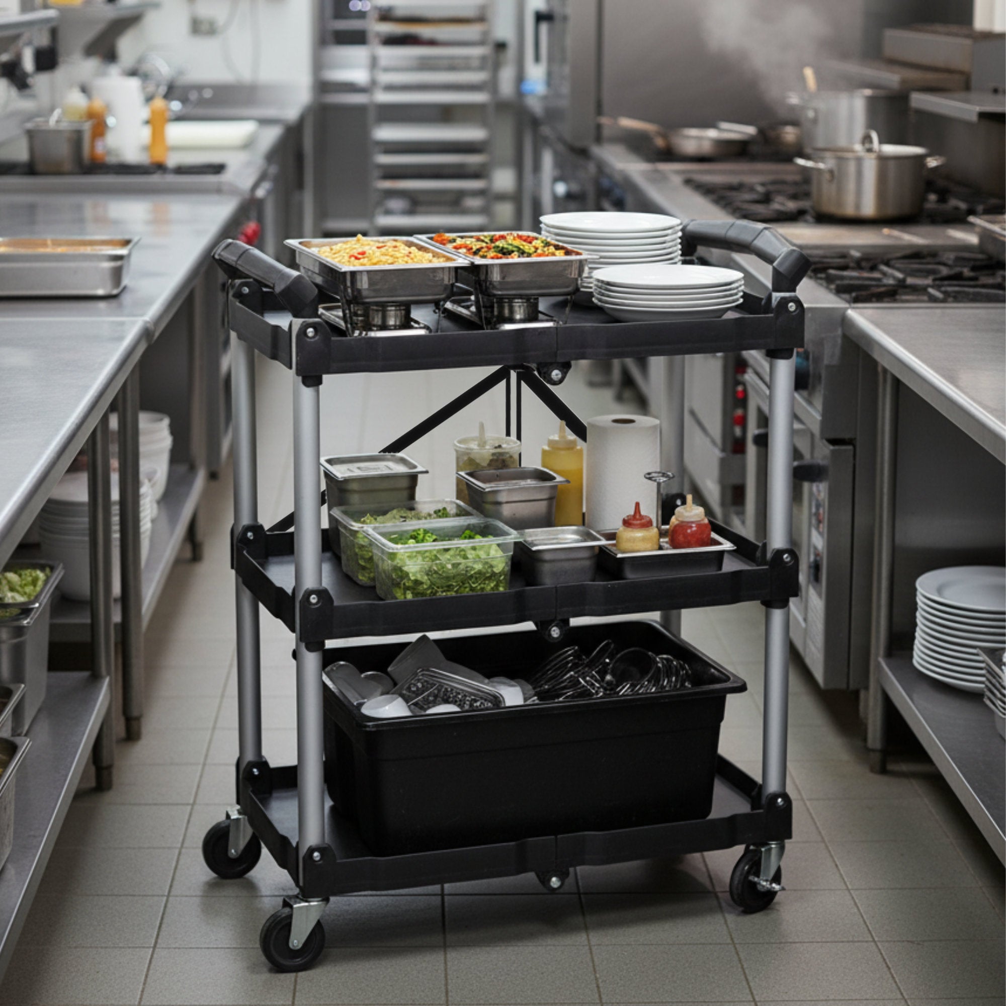 Foldable serving trolley, up to 150 kg, with wheels, 3 shelves