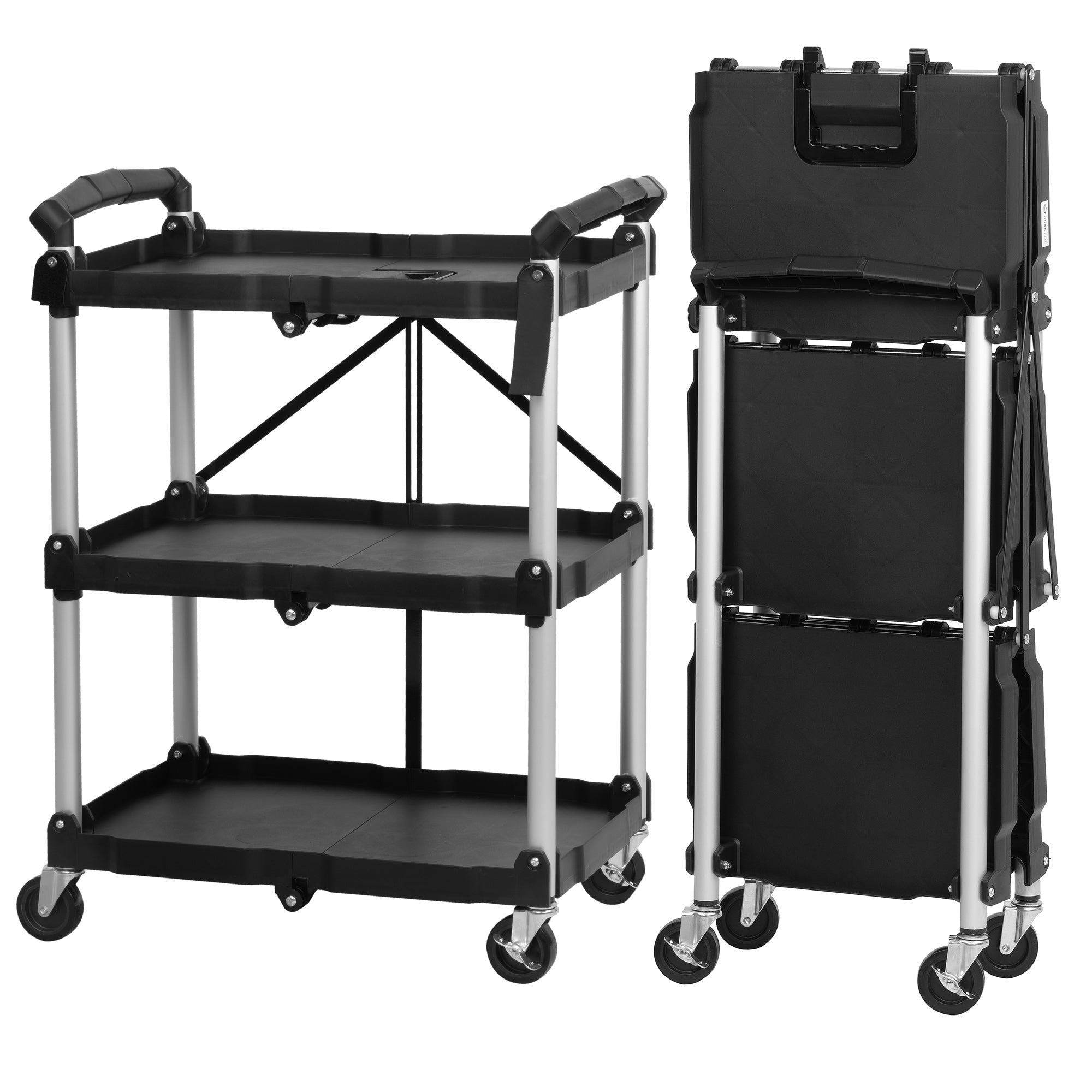 Foldable serving trolley, up to 150 kg, with wheels, 3 shelves