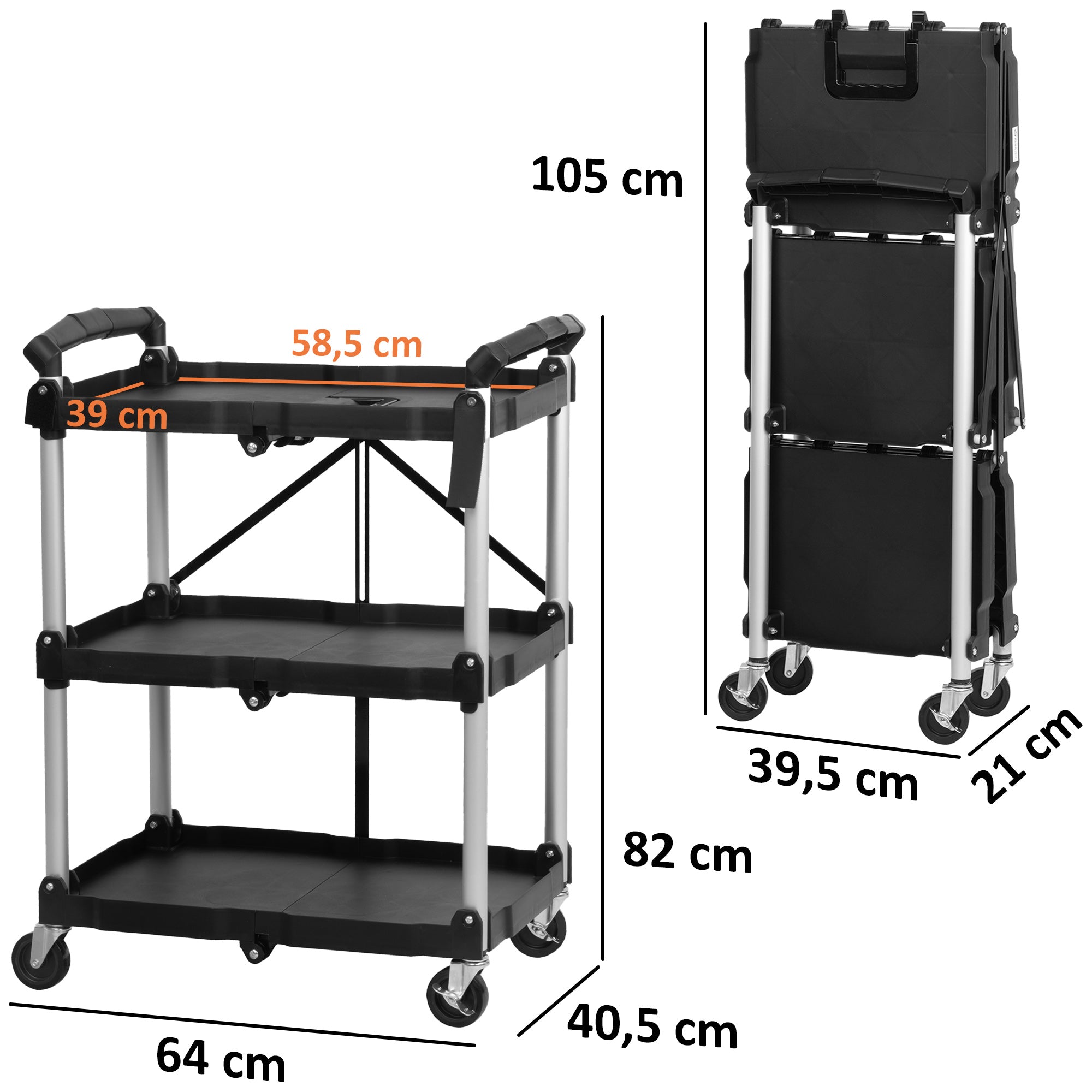 Foldable serving trolley, up to 150 kg, with wheels, 3 shelves