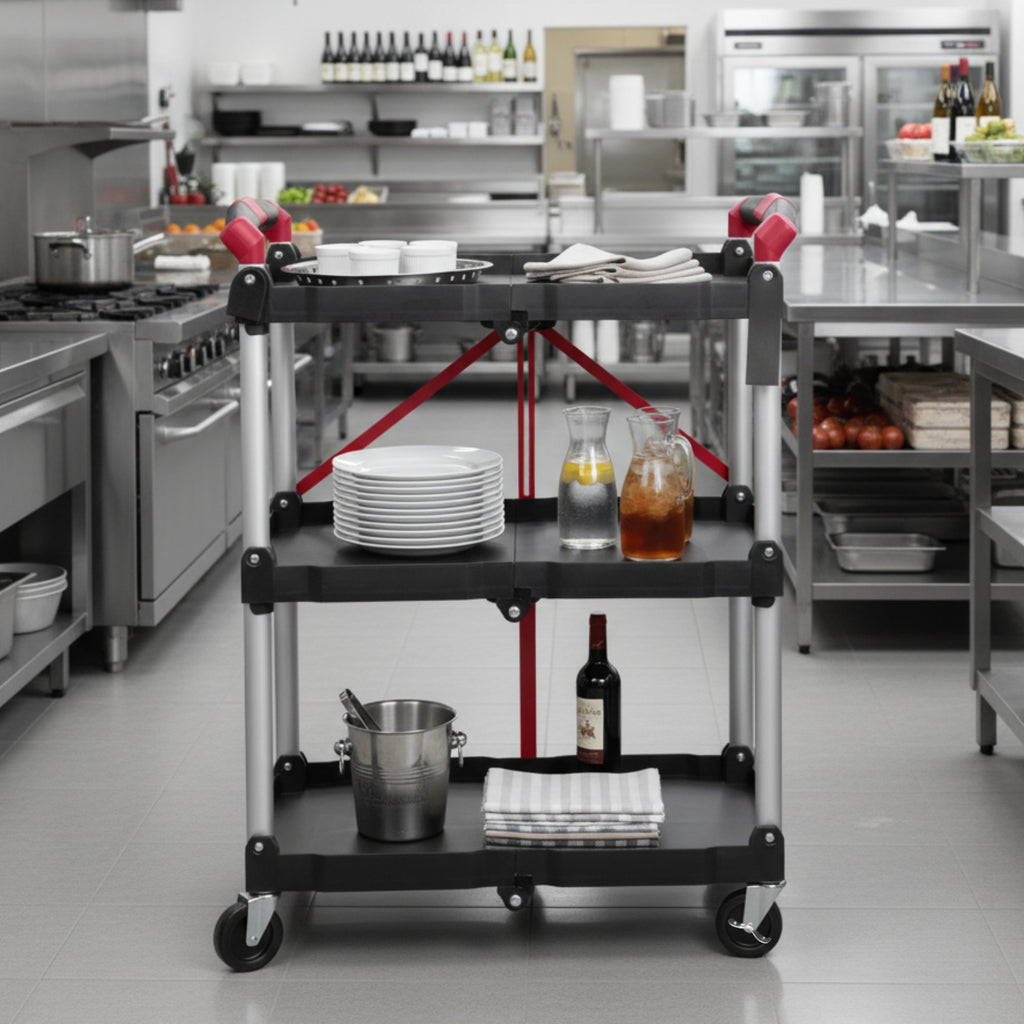 Foldable serving trolley, up to 150 kg, with wheels, 3 shelves