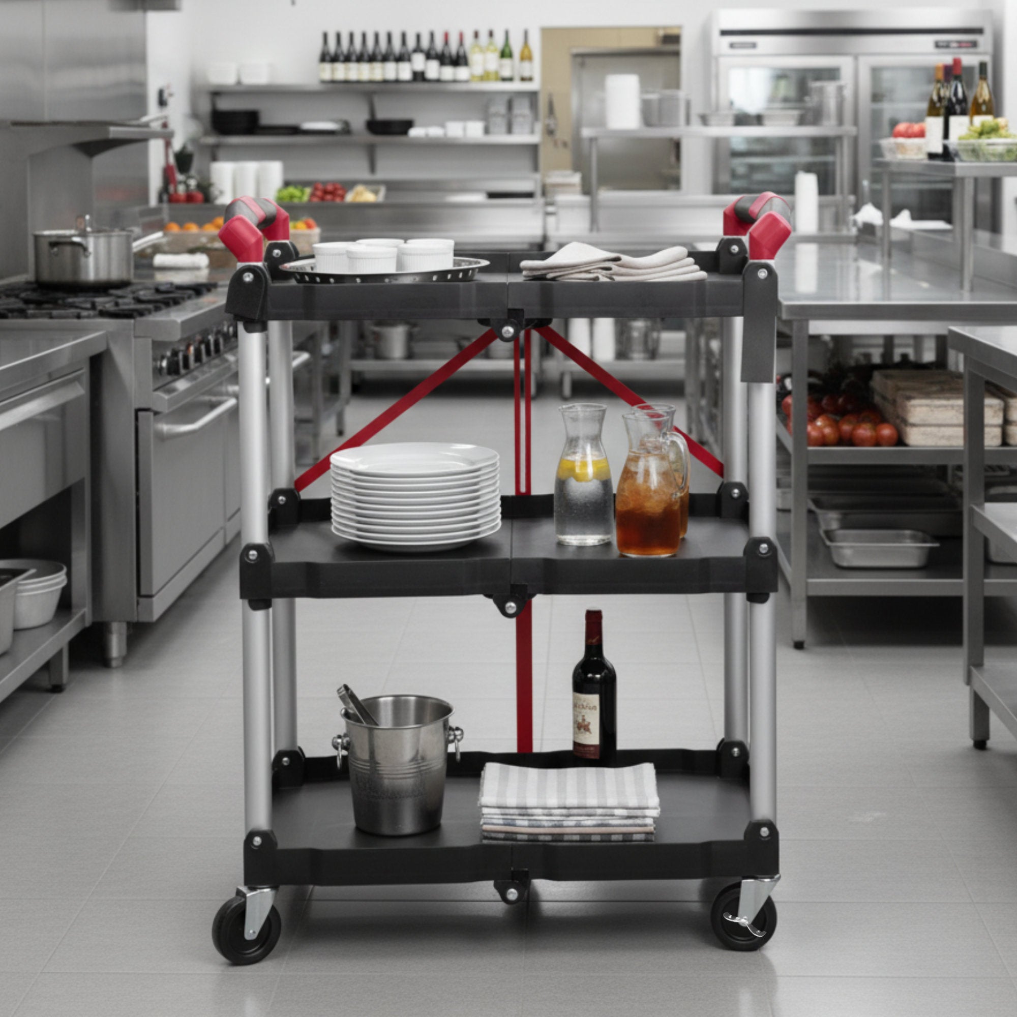 Foldable serving trolley, up to 150 kg, with wheels, 3 shelves