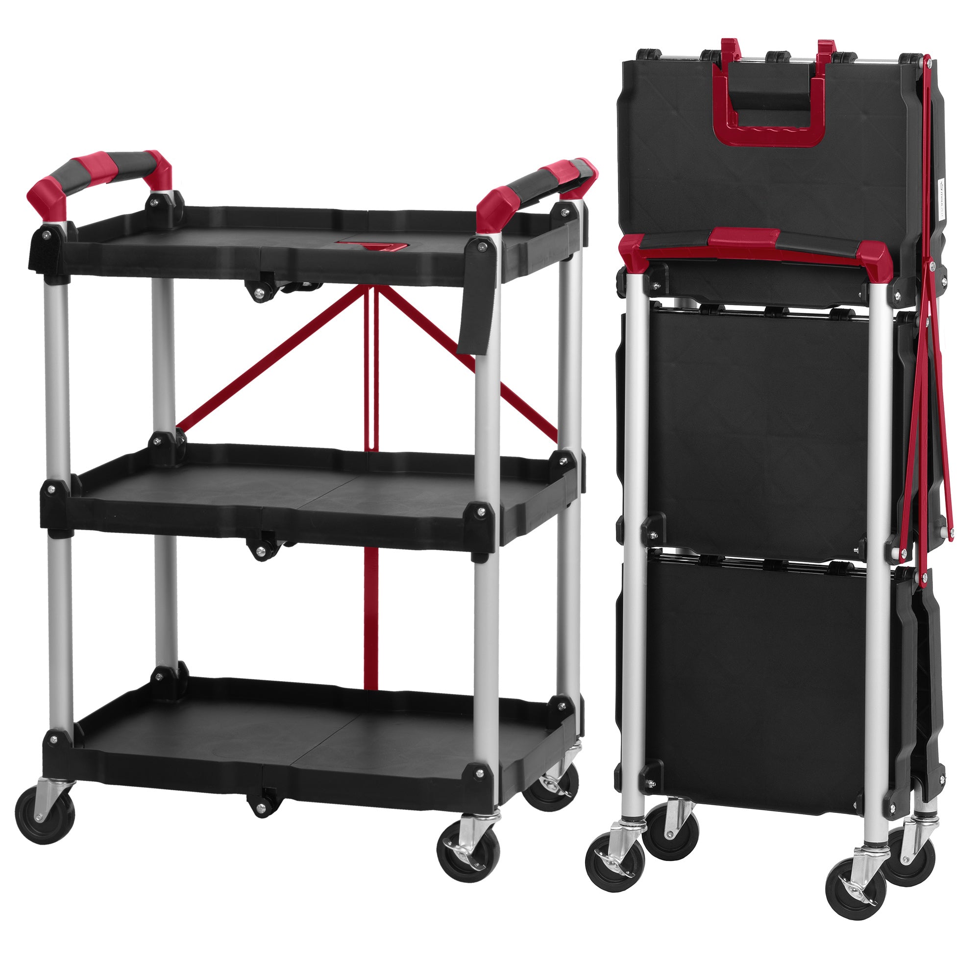 Foldable serving trolley, up to 150 kg, with wheels, 3 shelves