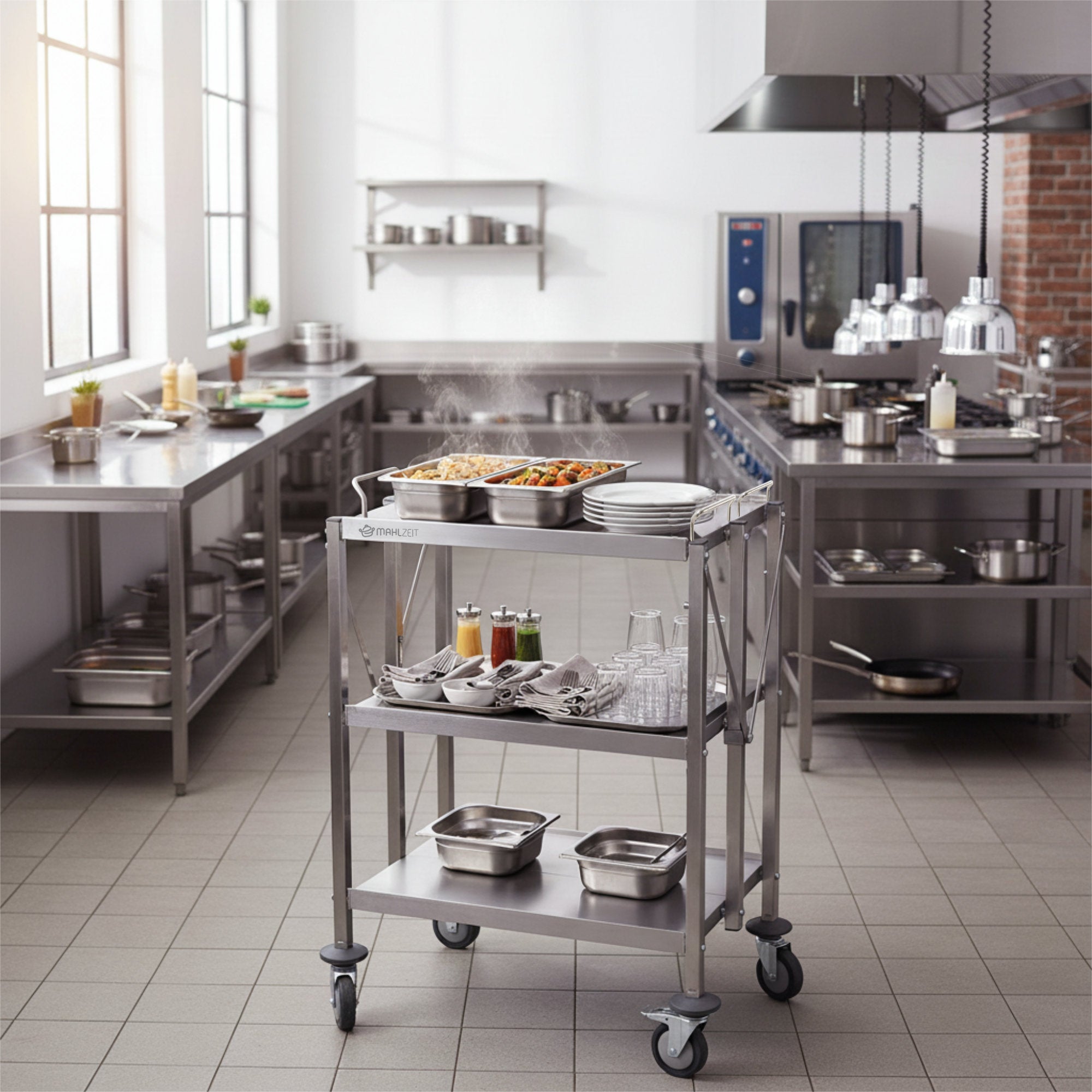 Serving trolley, stainless steel, foldable, up to 150 kg, with wheels, 3 shelves