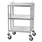 Chariot de service pliable en acier inoxydable, supportant jusqu'à 150 kg, avec roulettes et 3 étagères.