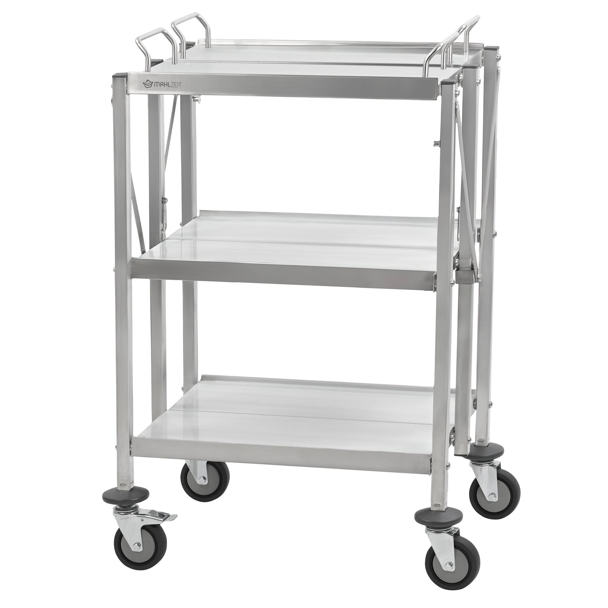 Serving trolley, stainless steel, foldable, up to 150 kg, with wheels, 3 shelves
