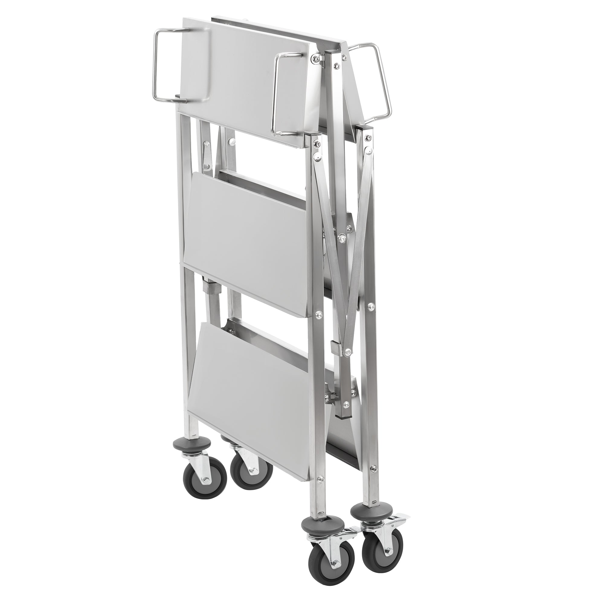 Serving trolley, stainless steel, foldable, up to 150 kg, with wheels, 3 shelves
