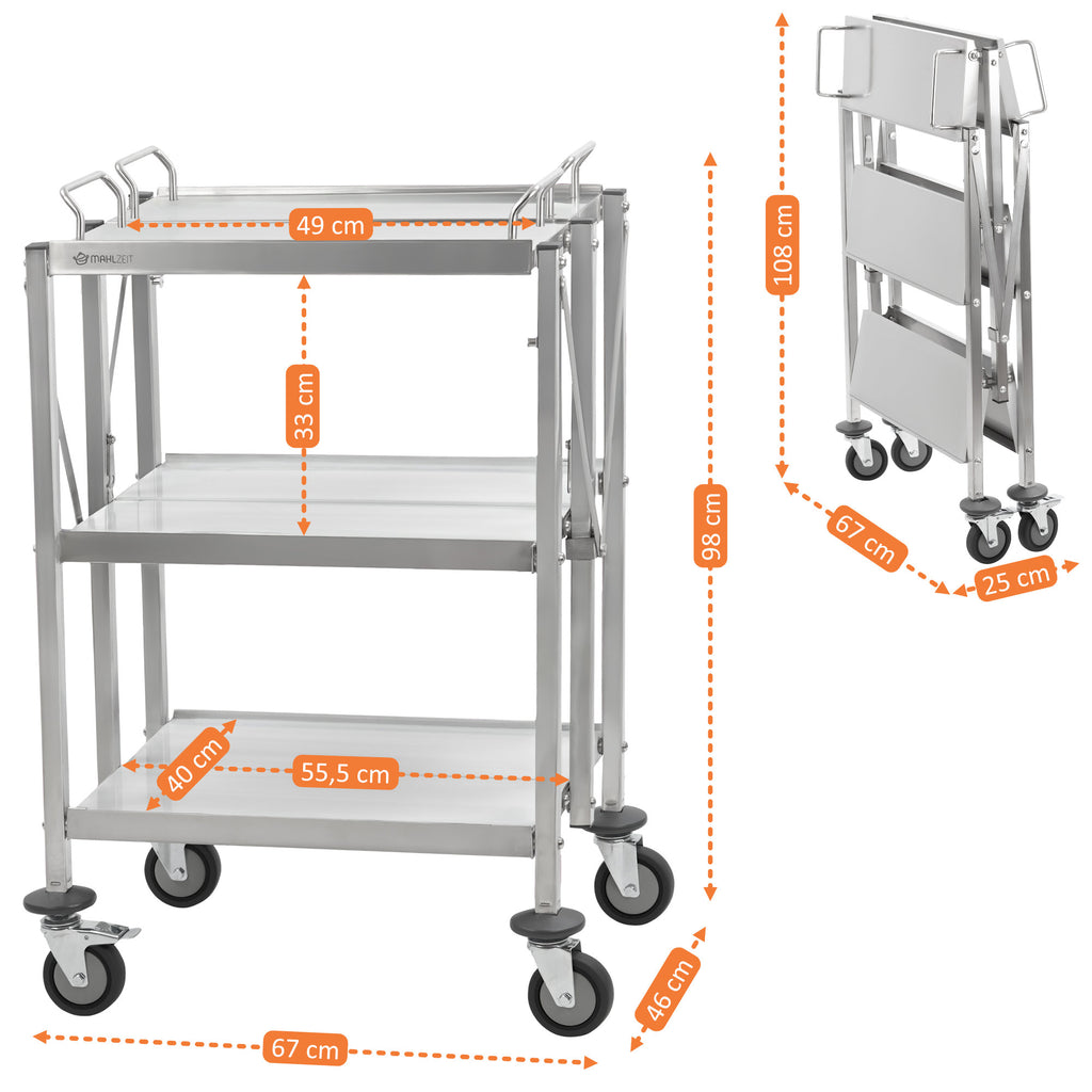 Servierwagen, Edelstahl, faltbar, bis 150 kg, mit Rollen, 3 Etagen