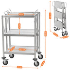 Chariot de service pliable en acier inoxydable, supportant jusqu'à 150 kg, avec roulettes et 3 étagères.