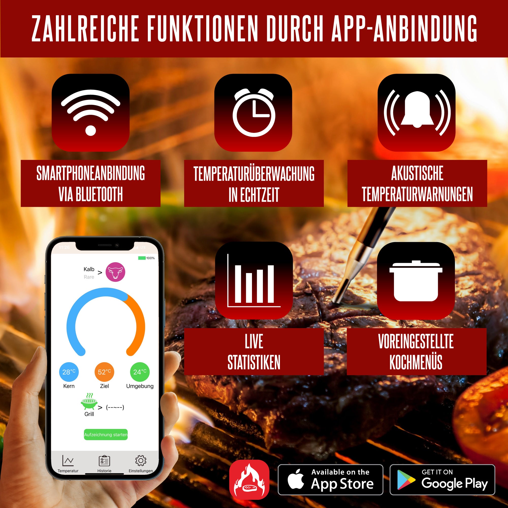 Thermomètre de barbecue « TempTender », avec boîtier de charge et application.