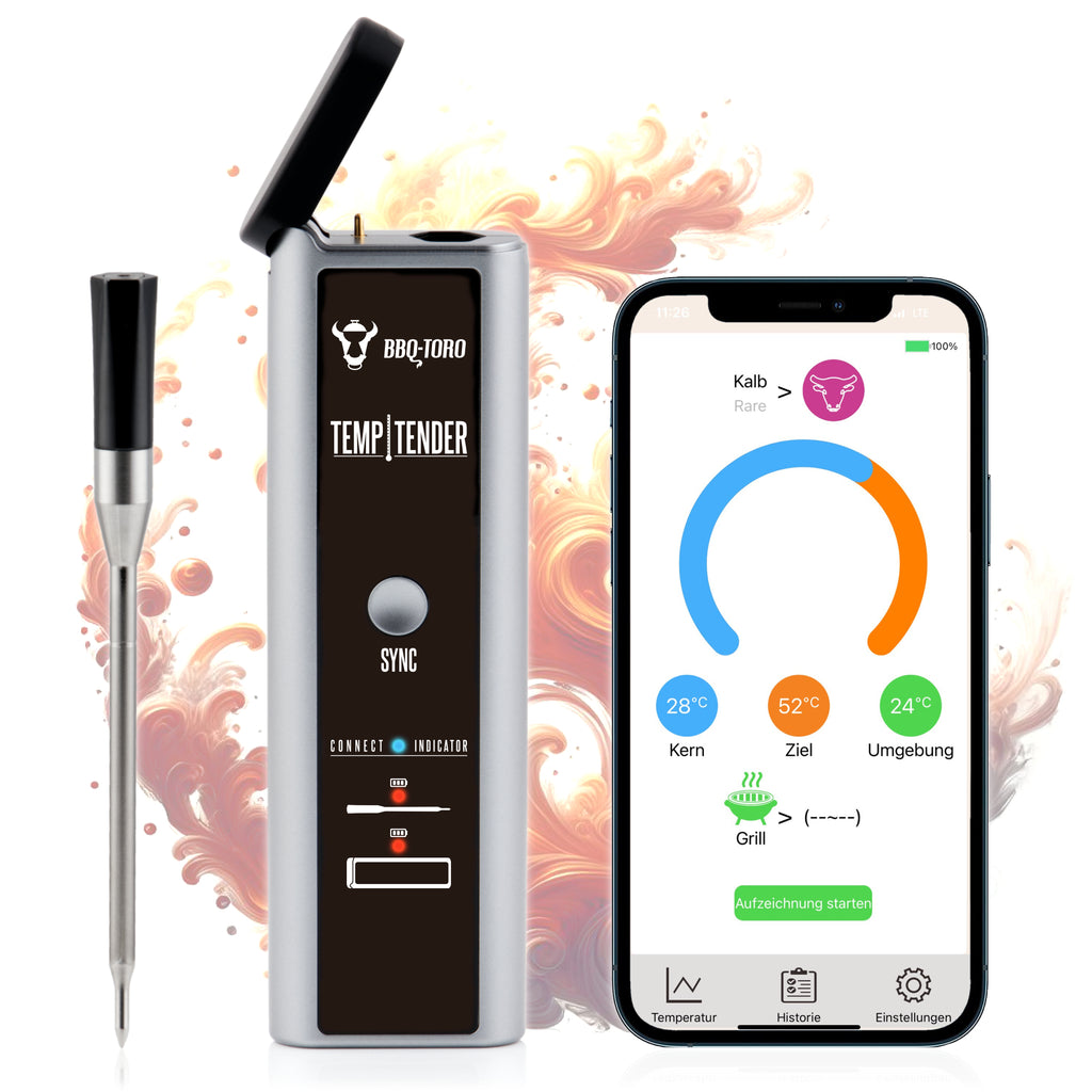 Thermomètre de barbecue « TempTender », avec boîtier de charge et application.