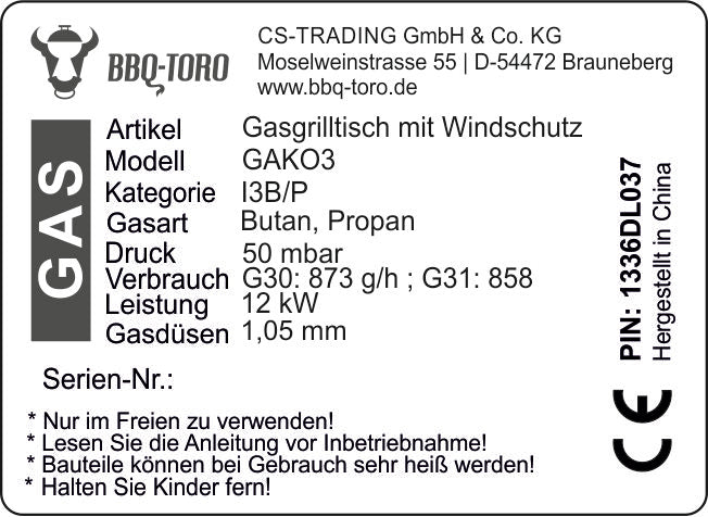Gas Grilltisch, inkl. Windschutz, 2 Gusseisen Brenner, 2kW
