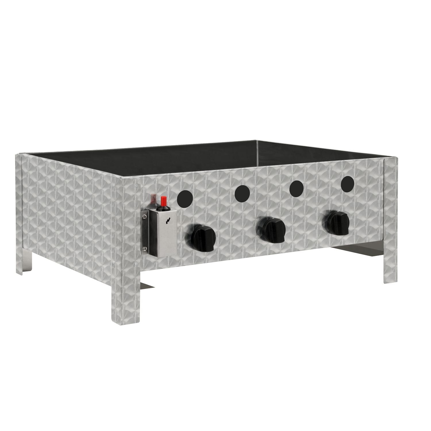 Plaque de cuisson professionnelle en acier inoxydable, 3 brûleurs, 64 x 52 x 27 cm, avec poêle émaillée.