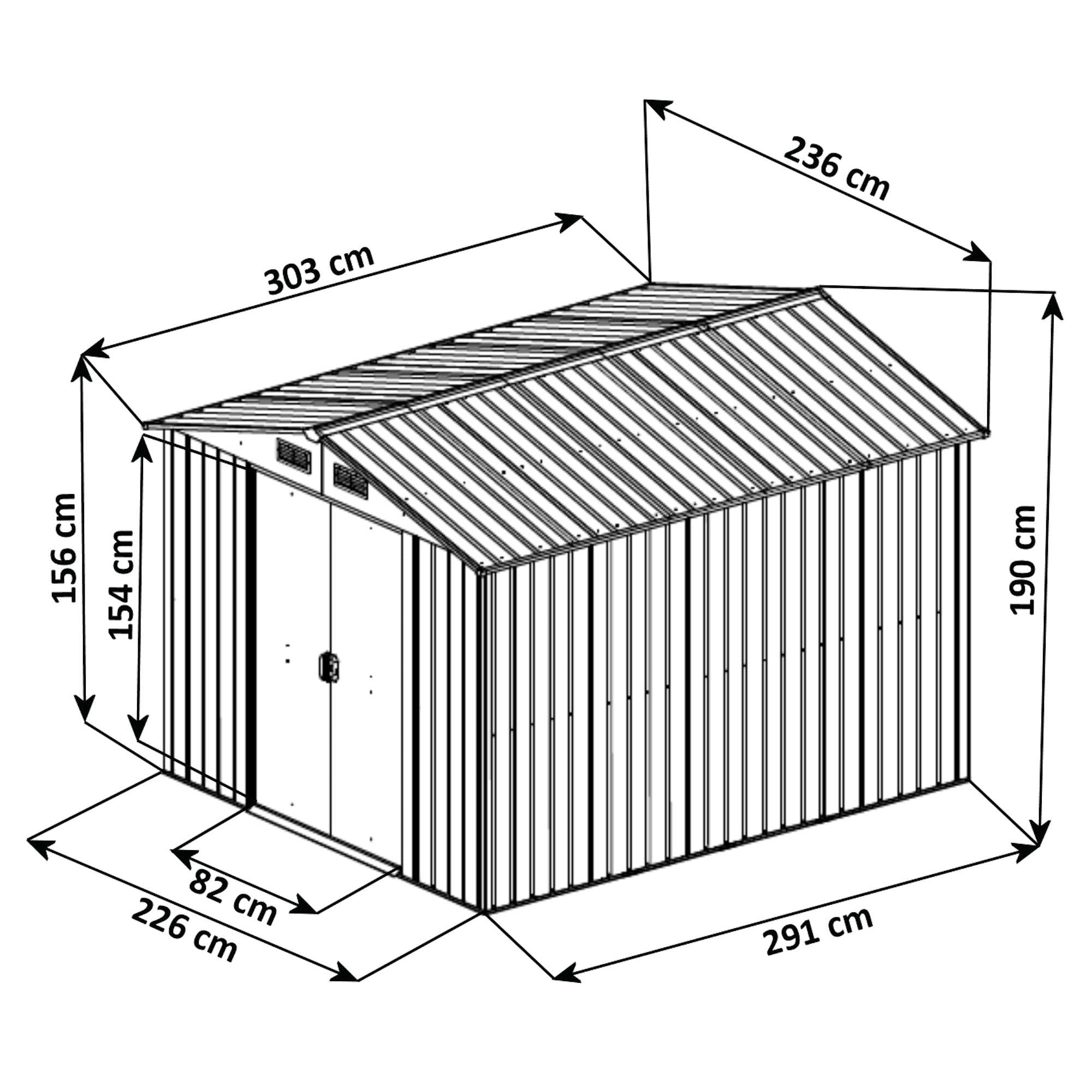 Abri de jardin, 236 x 303 x 190 cm, porte coulissante comprise