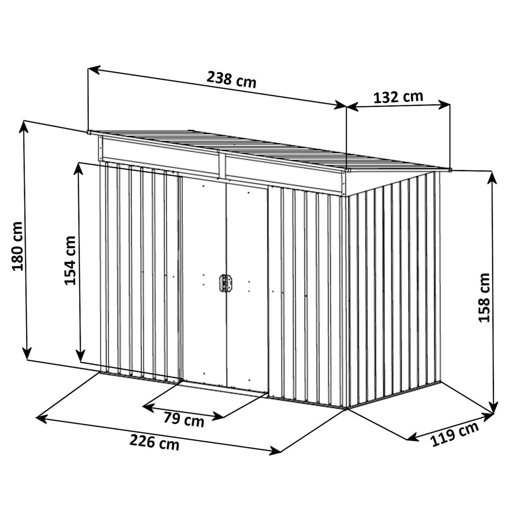 Abri de jardin, 238 x 132 x 180 cm, anthracite, avec porte coulissante