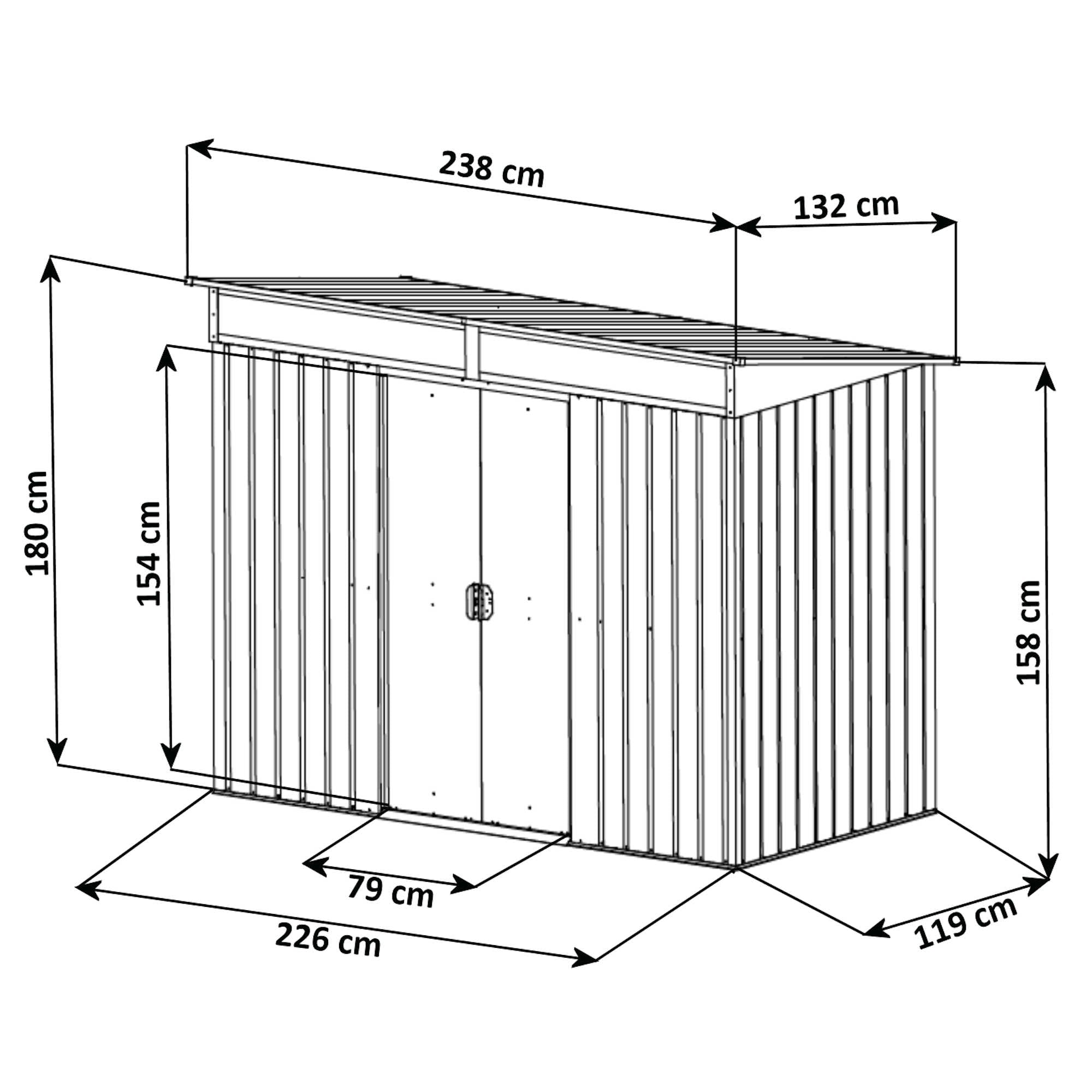 Abri de jardin, 238 x 132 x 180 cm, anthracite, avec porte coulissante