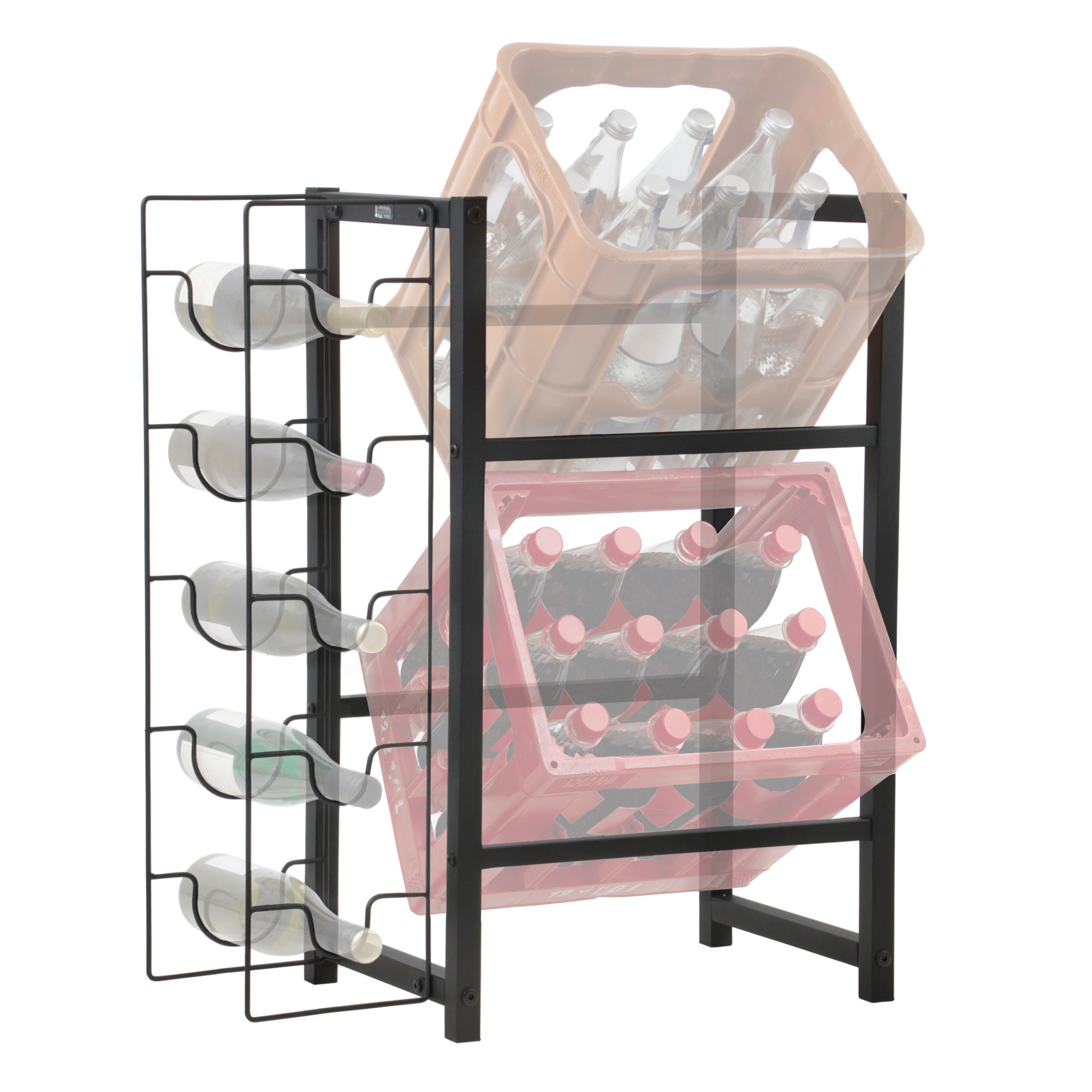 Beverage crate rack &amp; wine rack, 5 wine bottles and 2 crates