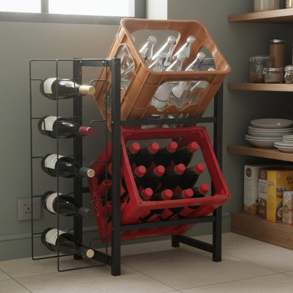 Beverage crate rack &amp; wine rack, 5 wine bottles and 2 crates