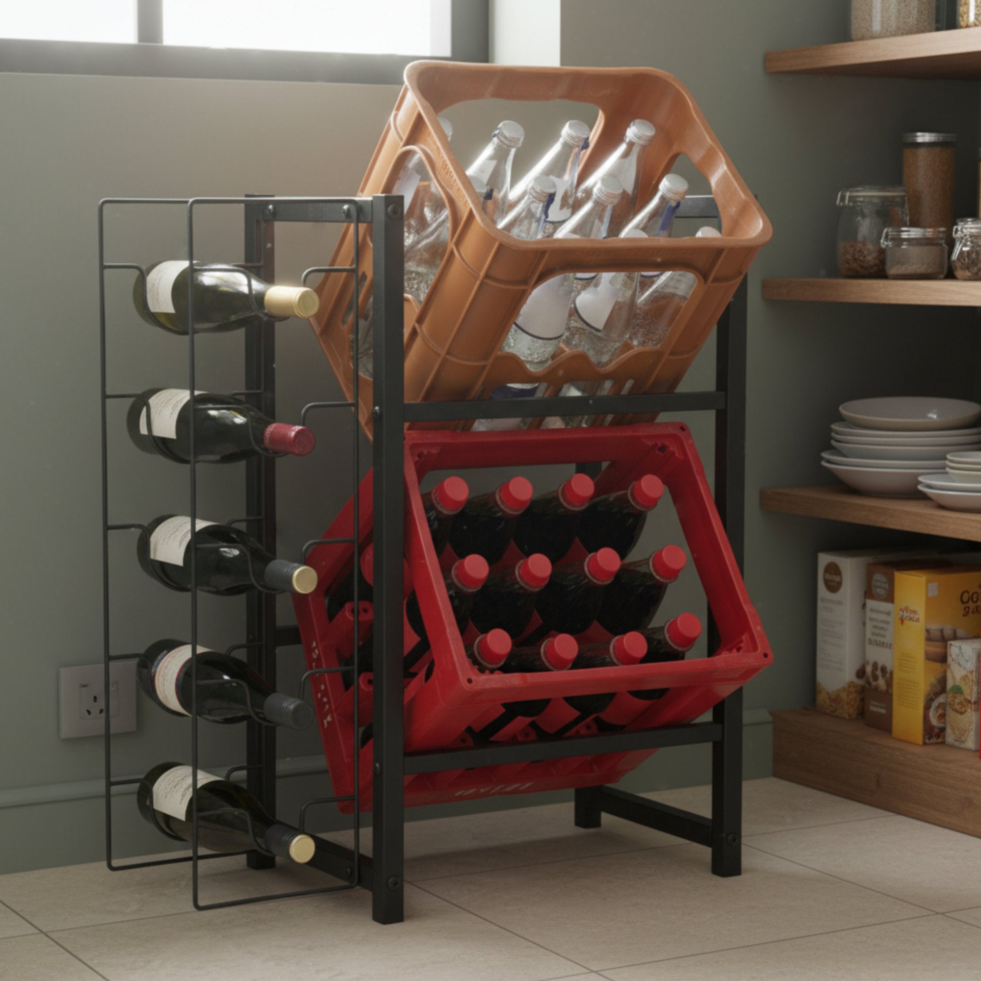 Beverage crate rack &amp; wine rack, 5 wine bottles and 2 crates