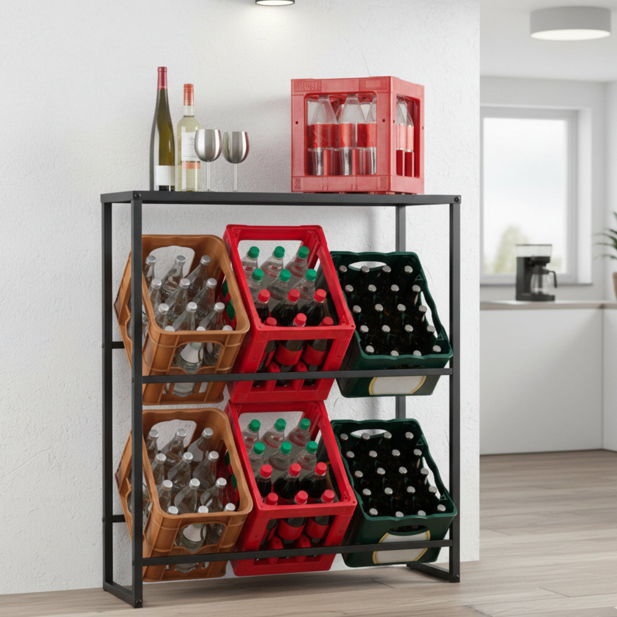 Beverage crate rack, 6 crates, with shelf