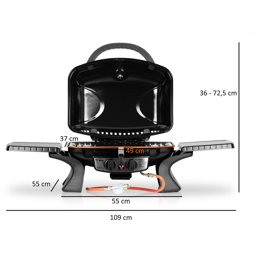 Barbecue à gaz de table, 2 brûleurs, portable, avec table de cuisson.