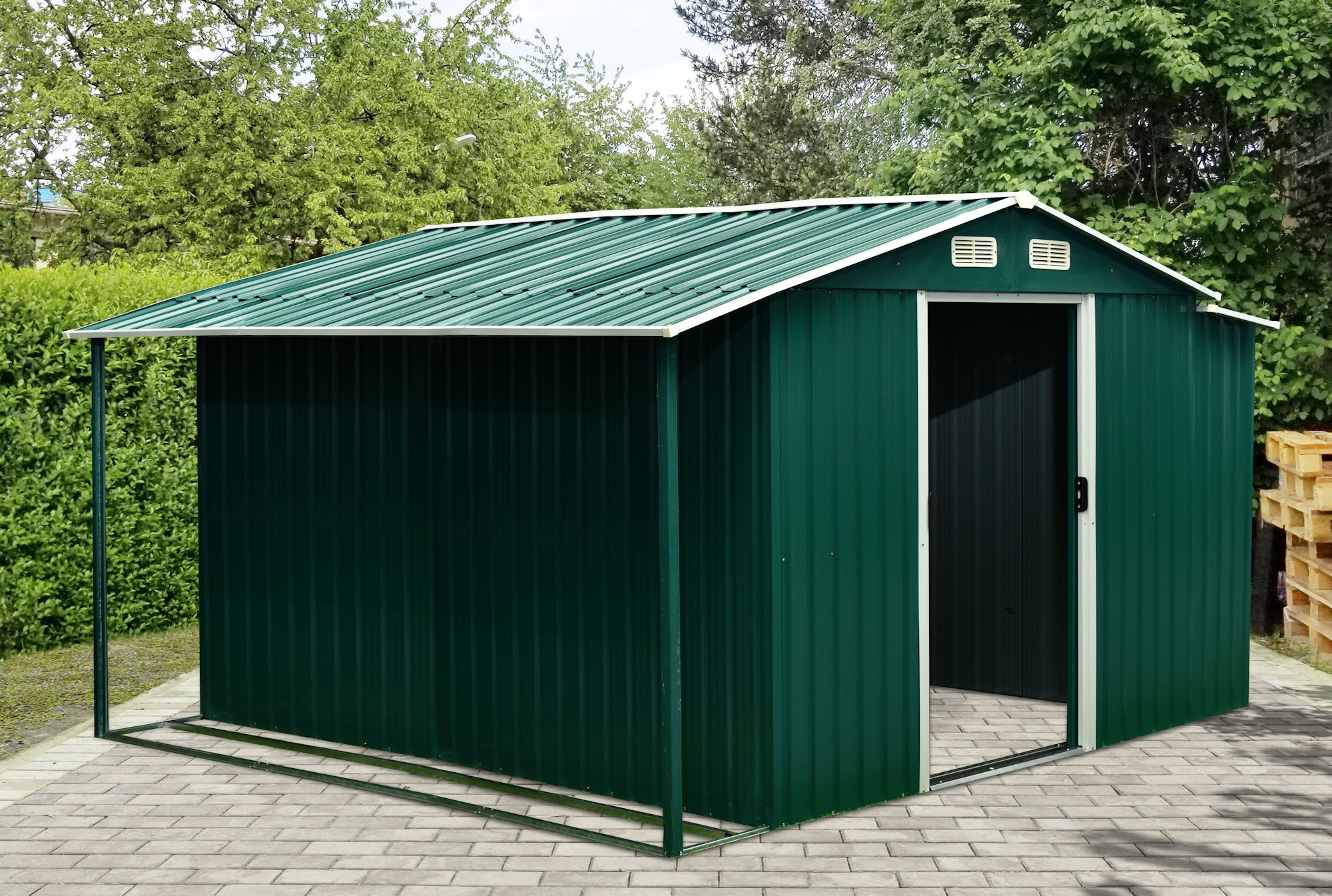 Extension d'abri de jardin, 303 x 156/146 x 42 cm, vert sapin, compatible avec GEHA4