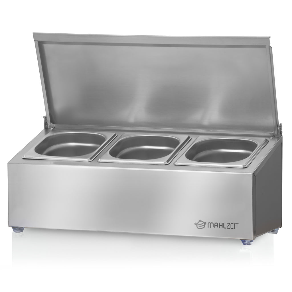 Récipient à ingrédients en acier inoxydable, couvercle à charnière, avec pieds en caoutchouc