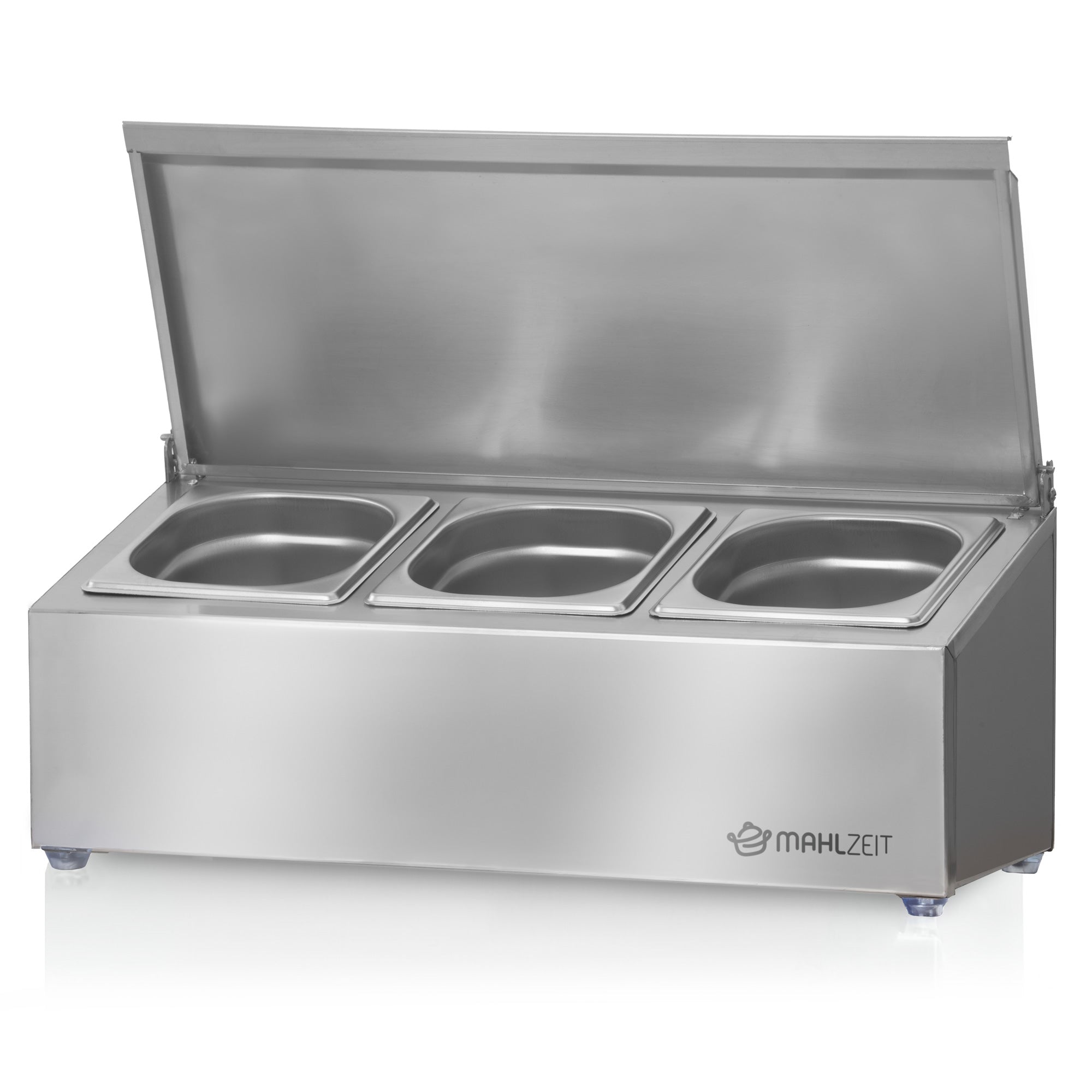 Ingredient container, stainless steel, hinged lid, with rubber feet