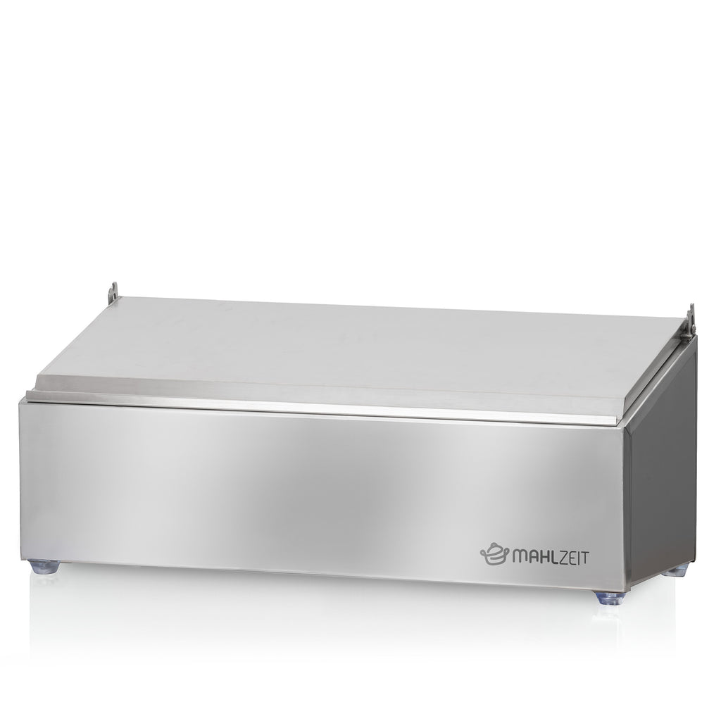 Récipient à ingrédients en acier inoxydable, couvercle à charnière, avec pieds en caoutchouc