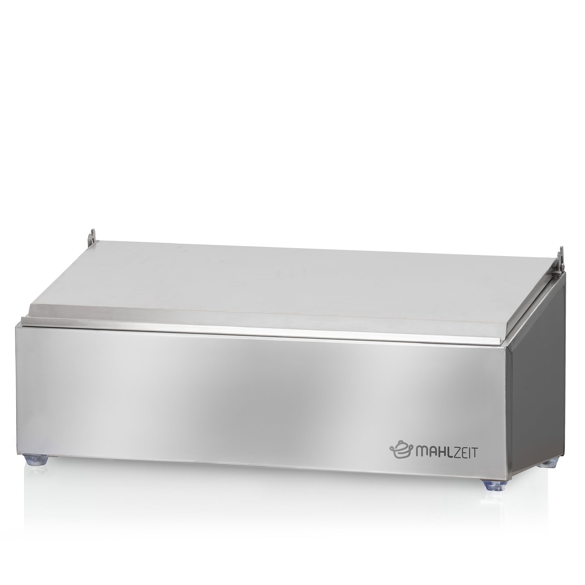 Ingredient container, stainless steel, hinged lid, with rubber feet