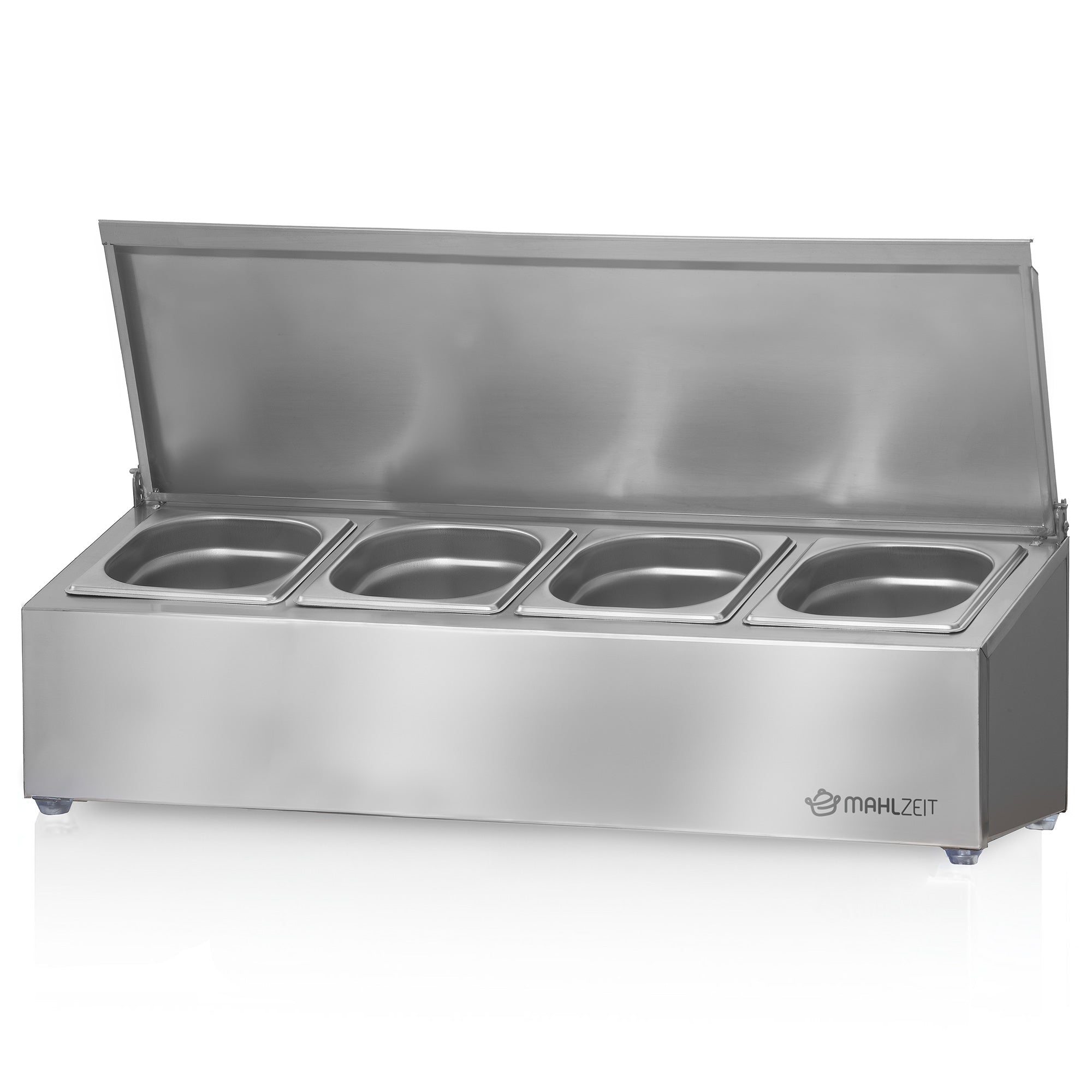 Ingredient container, stainless steel, hinged lid, with rubber feet