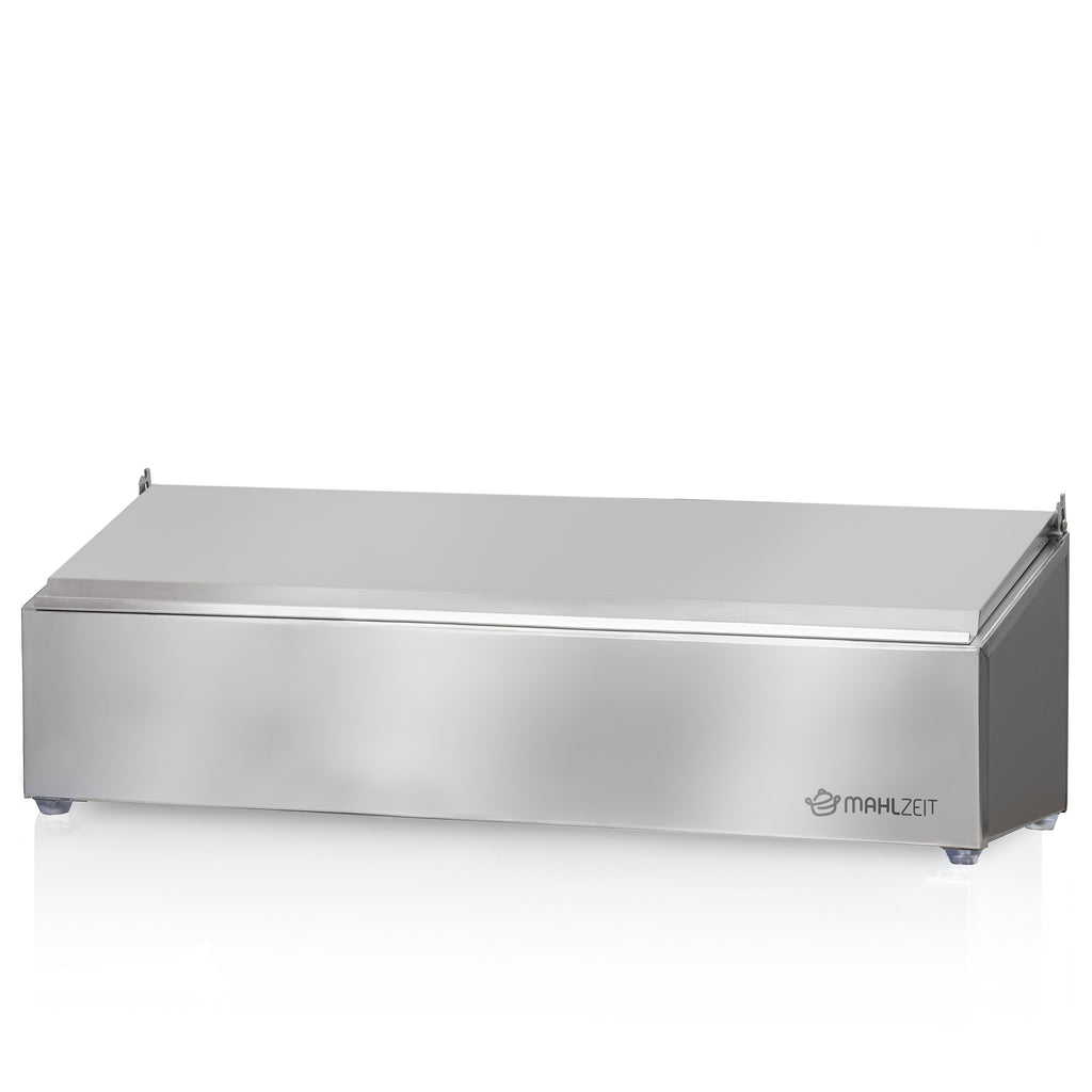 Récipient à ingrédients en acier inoxydable, couvercle à charnière, avec pieds en caoutchouc