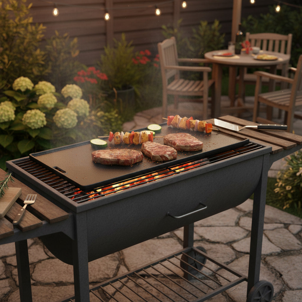 Plaque de cuisson réversible, 45 x 19,5 cm, en fonte émaillée.