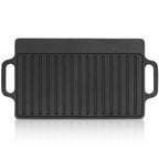 Plaque de cuisson réversible, 40 x 20,5 cm, en fonte pré-culottée, avec poignées et grille.