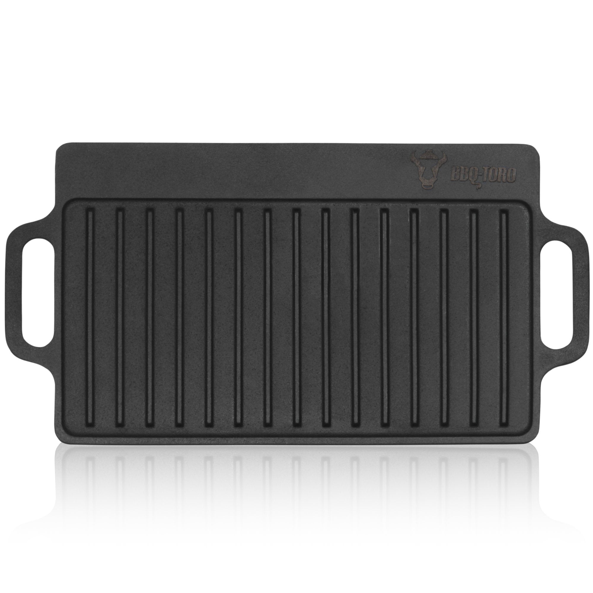 Plaque de cuisson réversible, 40 x 20,5 cm, en fonte pré-culottée, avec poignées et grille.