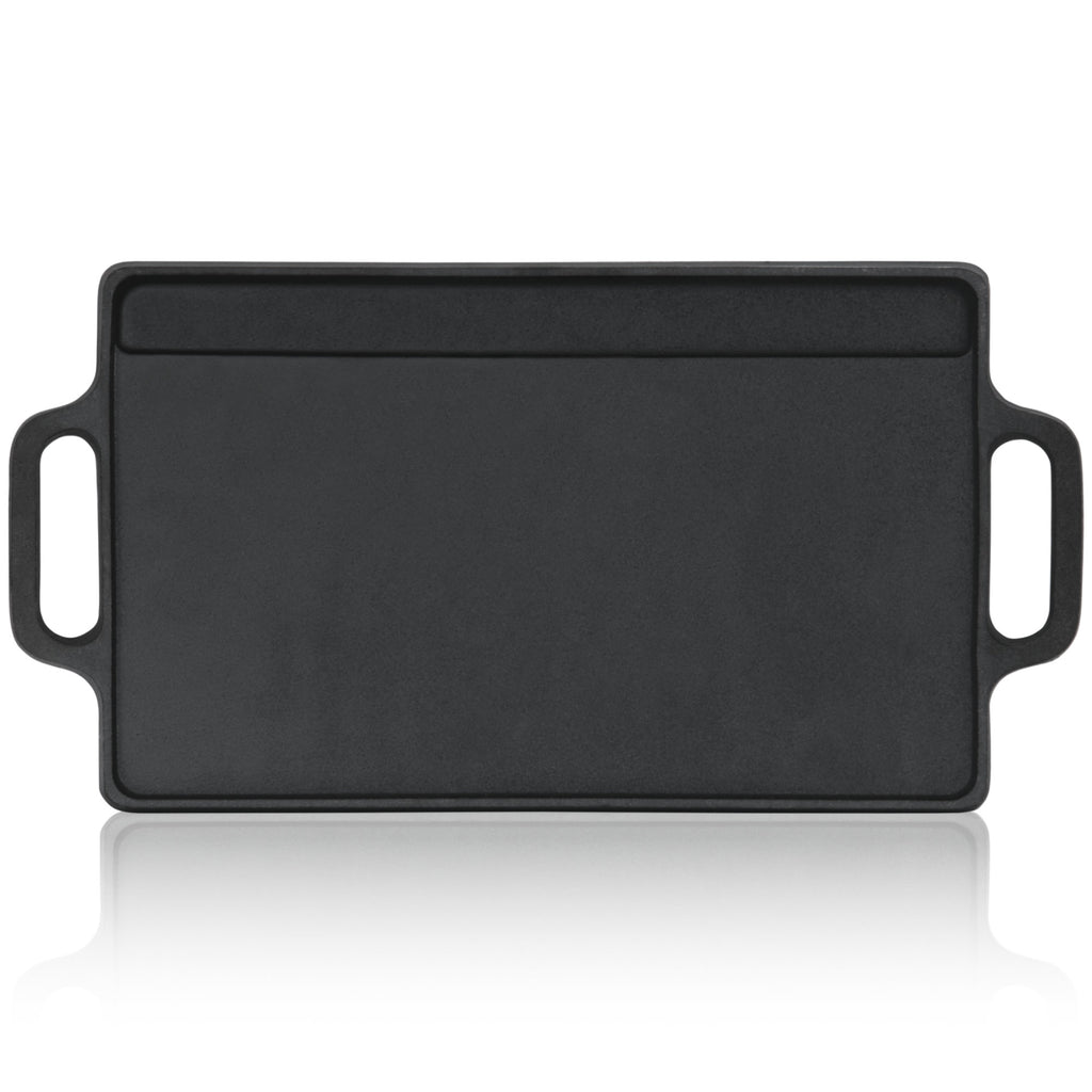 Plaque de cuisson réversible, 40 x 20,5 cm, en fonte pré-culottée, avec poignées et grille.