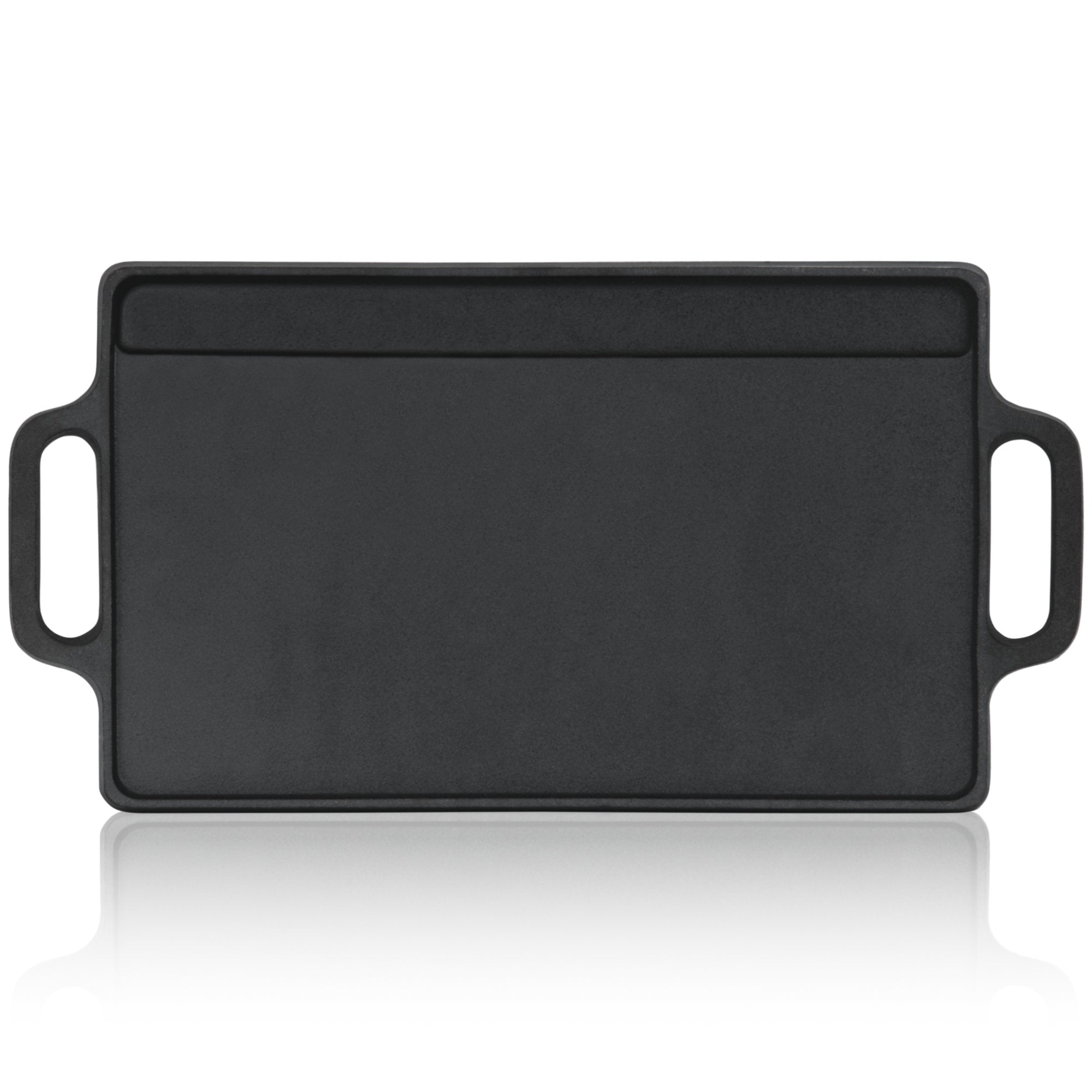 Plaque de cuisson réversible, 40 x 20,5 cm, en fonte pré-culottée, avec poignées et grille.
