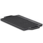 Plaque de cuisson réversible, 40 x 20,5 cm, en fonte pré-culottée, avec poignées et grille.