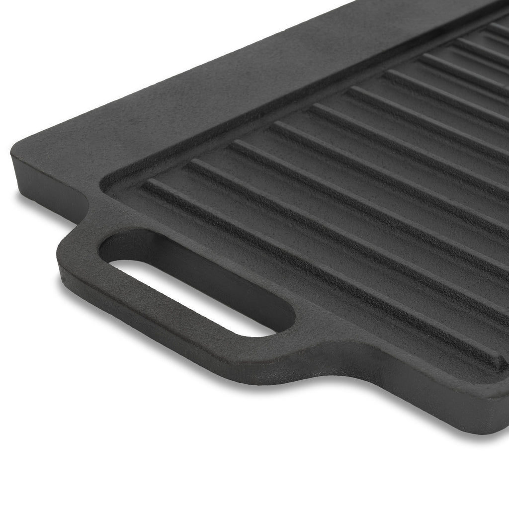 Plaque de cuisson réversible, 40 x 20,5 cm, en fonte pré-culottée, avec poignées et grille.