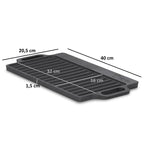 Plaque de cuisson réversible, 40 x 20,5 cm, en fonte pré-culottée, avec poignées et grille.